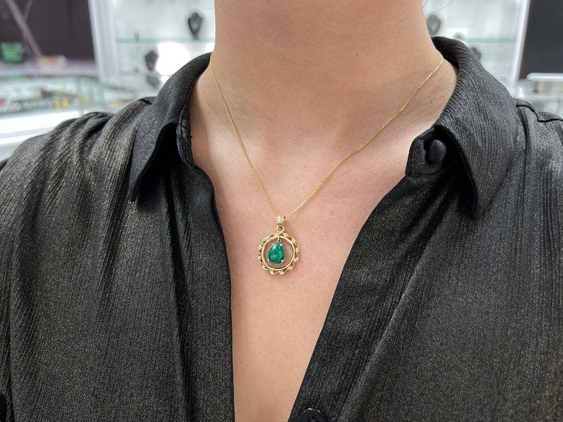 3.75 Carat 14K Gold Natural Emerald Pear Cut Cabochon Vintage Solitaire Pendant Necklace for Women - Perfect Anniversary Gift, Wedding Jewelry & Special Occasion Accessory