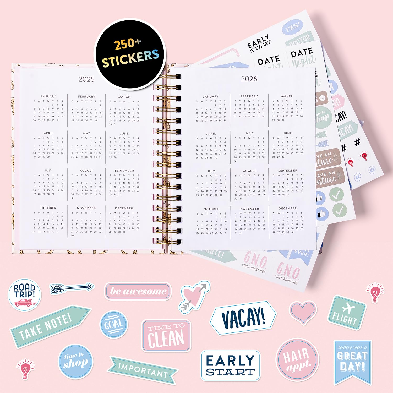 2025 Eccolo Spiral Planner - Cheetah Print Weekly & Monthly Agenda with Sticker Sheets & Motivational Quotes - 7.75