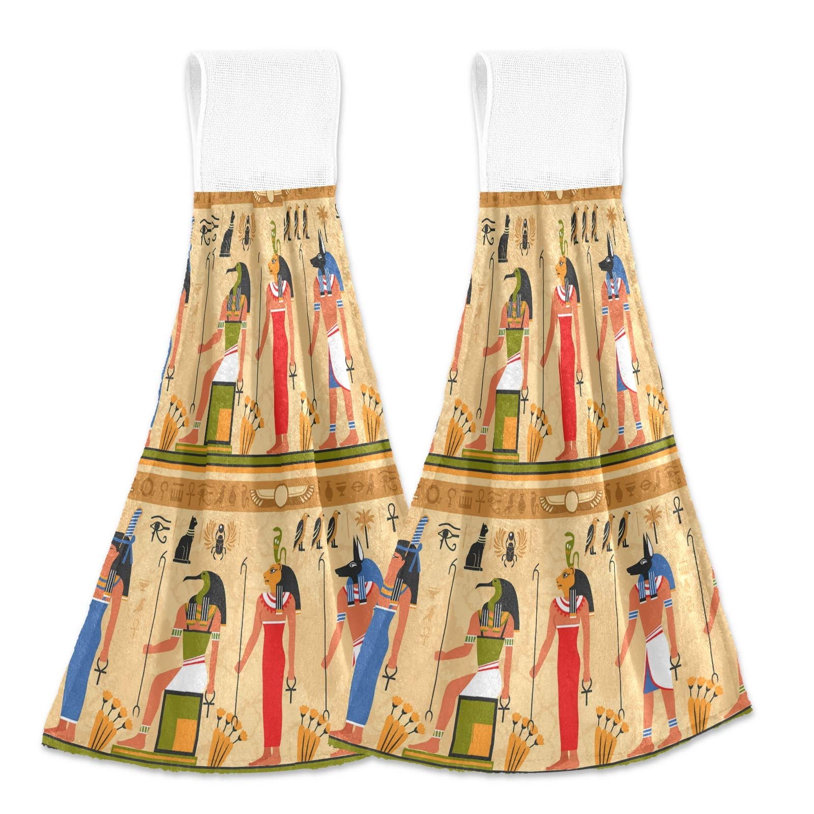Ancient Egyptian 2-Piece Hanging Kitchen Towel Set - Decorative Absorbent Dish Cloths with Hook & Loop for Tea Bar, Bath & Hand Drying | Perfect for Egyptian-Themed Kitchens, Coffee Shops & Home Decor