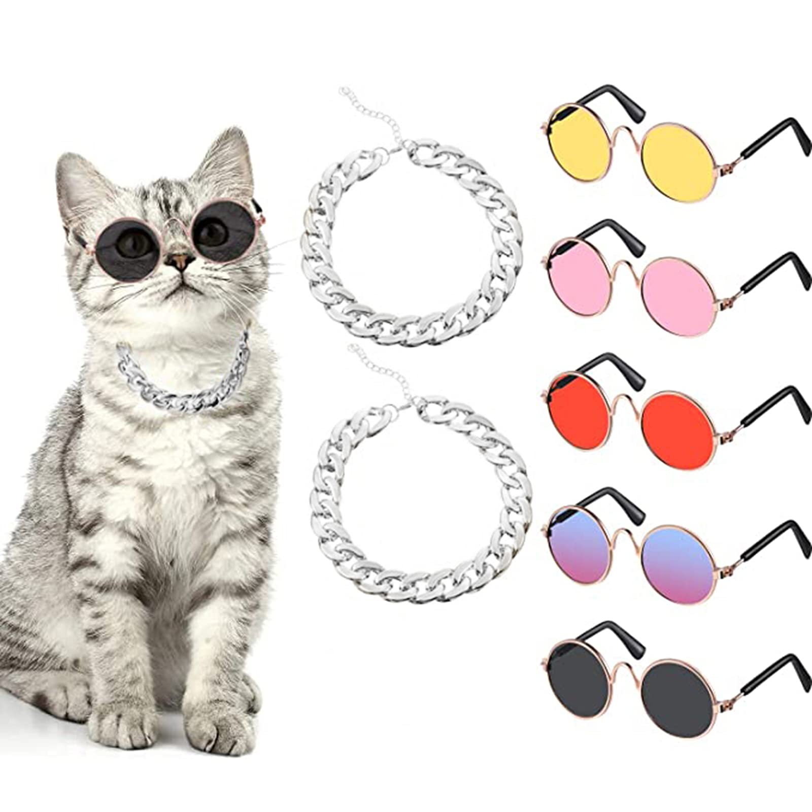 Stylish Cat Glasses & Sunglasses Set - 7pcs Adjustable Pet Eyewear with Chain for Cats & Small Dogs | Perfect for Costume Parties, Photo Shoots & Outdoor Adventures