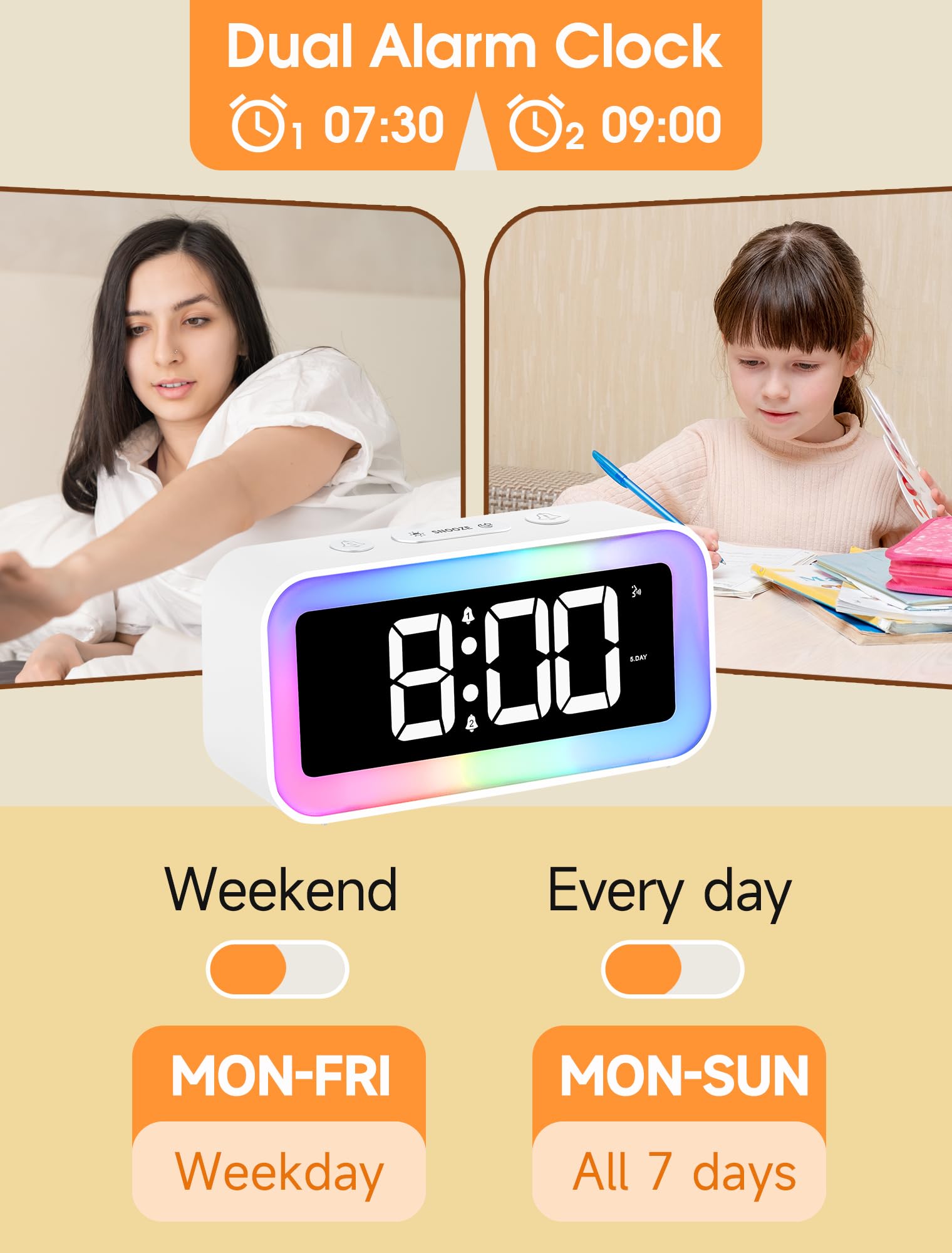**Cadmos Loud Alarm Clock with Dynamic RGB Night Light - Dual Alarm, USB Charger & Dimmer - Digital LED Display for Heavy Sleepers, Adults, Kids, Teens & Seniors - Perfect for Bedrooms, Dorms & Nightstands (White)**