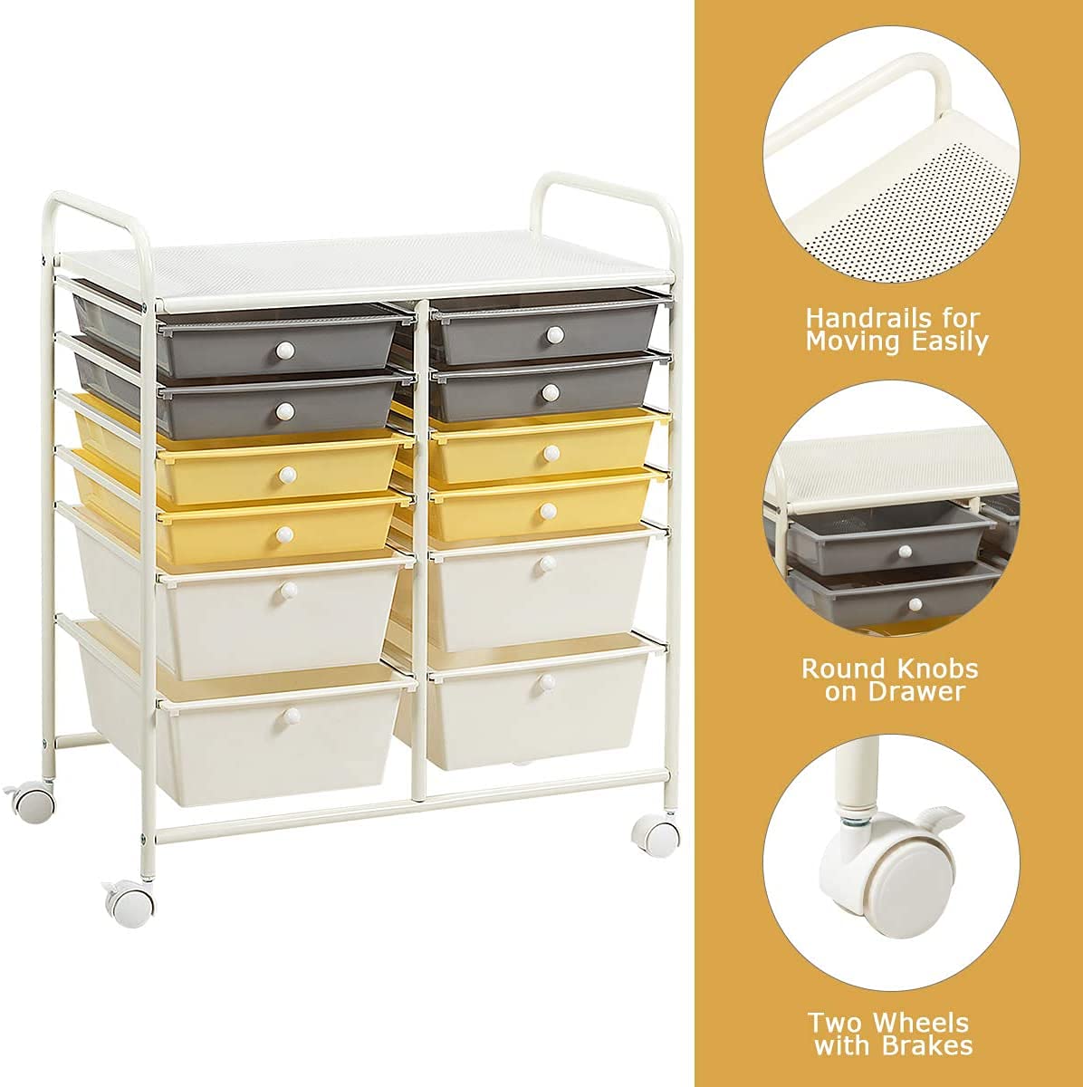 FANTASK 12-Drawer Rolling Storage Cart with Wheels - Multipurpose Mobile Organizer for Tools, Crafts, Office Supplies & Beauty Products - Perfect for School, Home, Office & Salon Organization (Yellow)