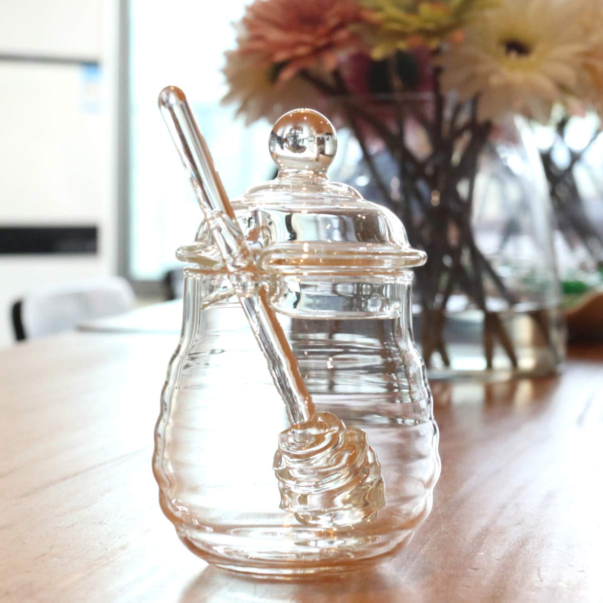 Premium Glass Honey Jar with Wooden Lid & Dipper – Clear Honey Pot for Bee Honey, Syrup, Jam – Airtight Dispenser Container for Kitchen, Pantry, Coffee & Tea Station