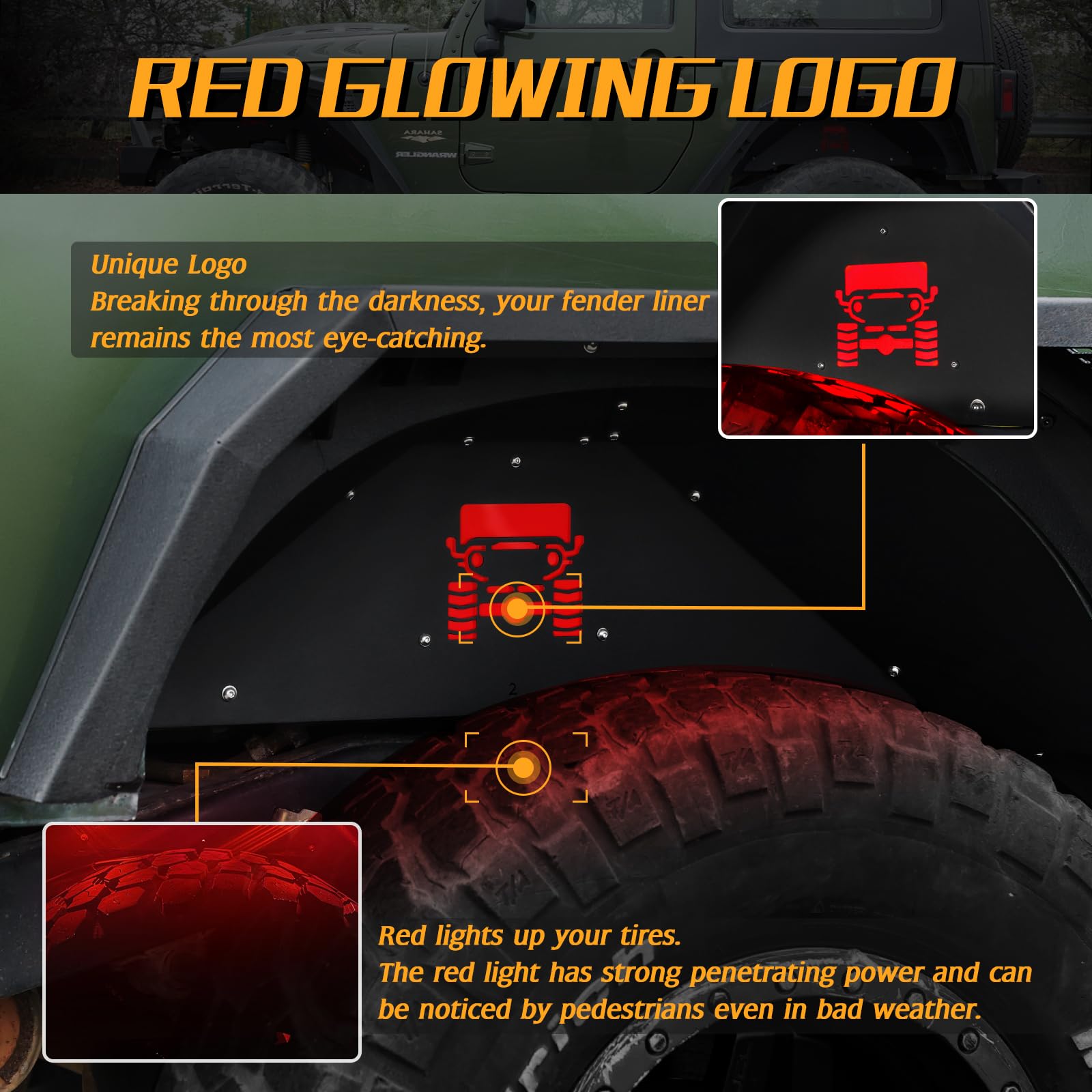 Aluminum Rear Inner Fender Liners with 2 LED Lights for 2007-2018 Jeep Wrangler JK JKU (2/4 Door) - Compatible with Sport, Sahara & Rubicon Models | Off-Road Protection & Enhanced Visibility