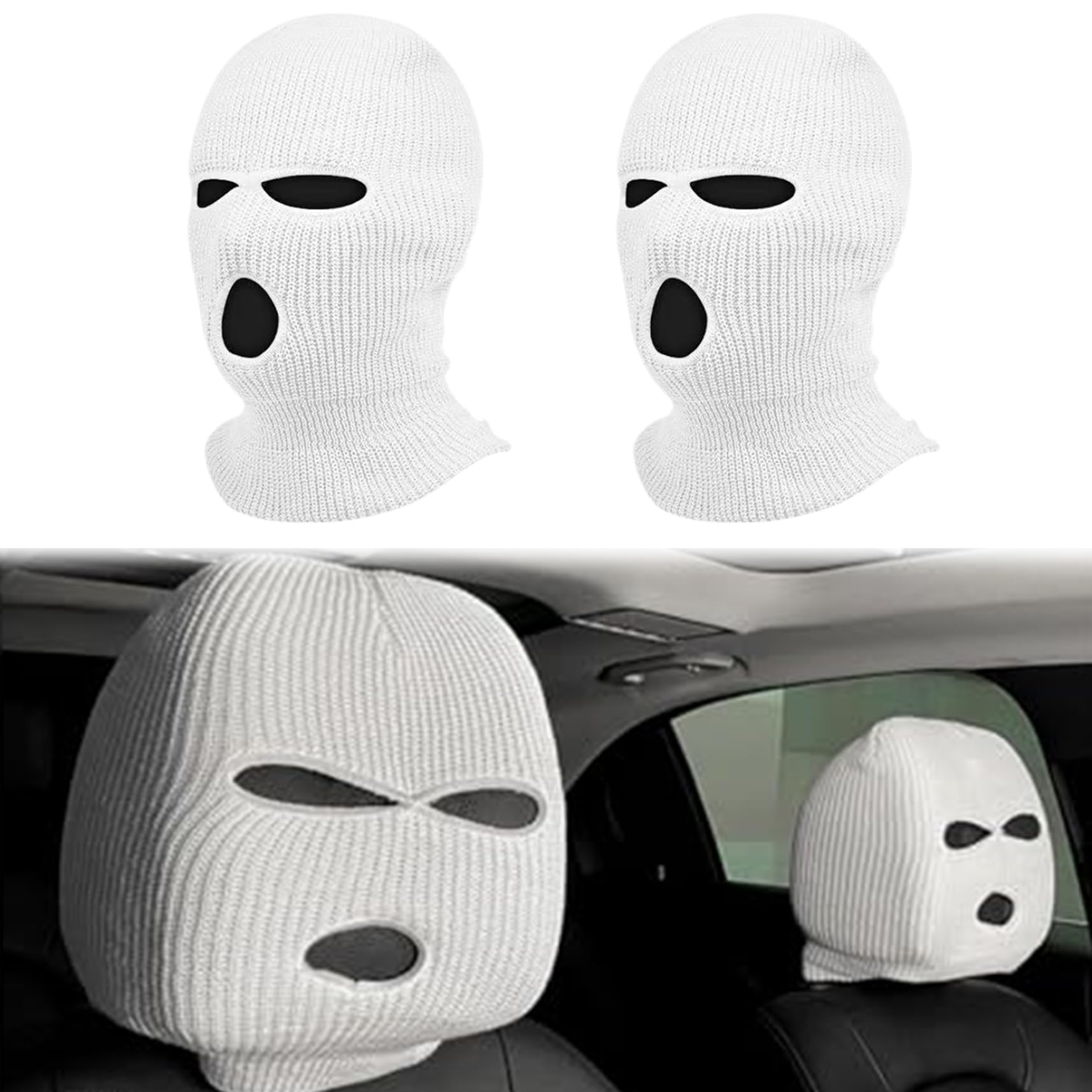 Funny Face Car Headrest Covers 2PCS - Universal 3 Hole Front Seat Headrest Protectors for Cars, Soft Acrylic Fiber Decorative Covers (Perfect for Road Trips & Personalized Car Interior Styling)