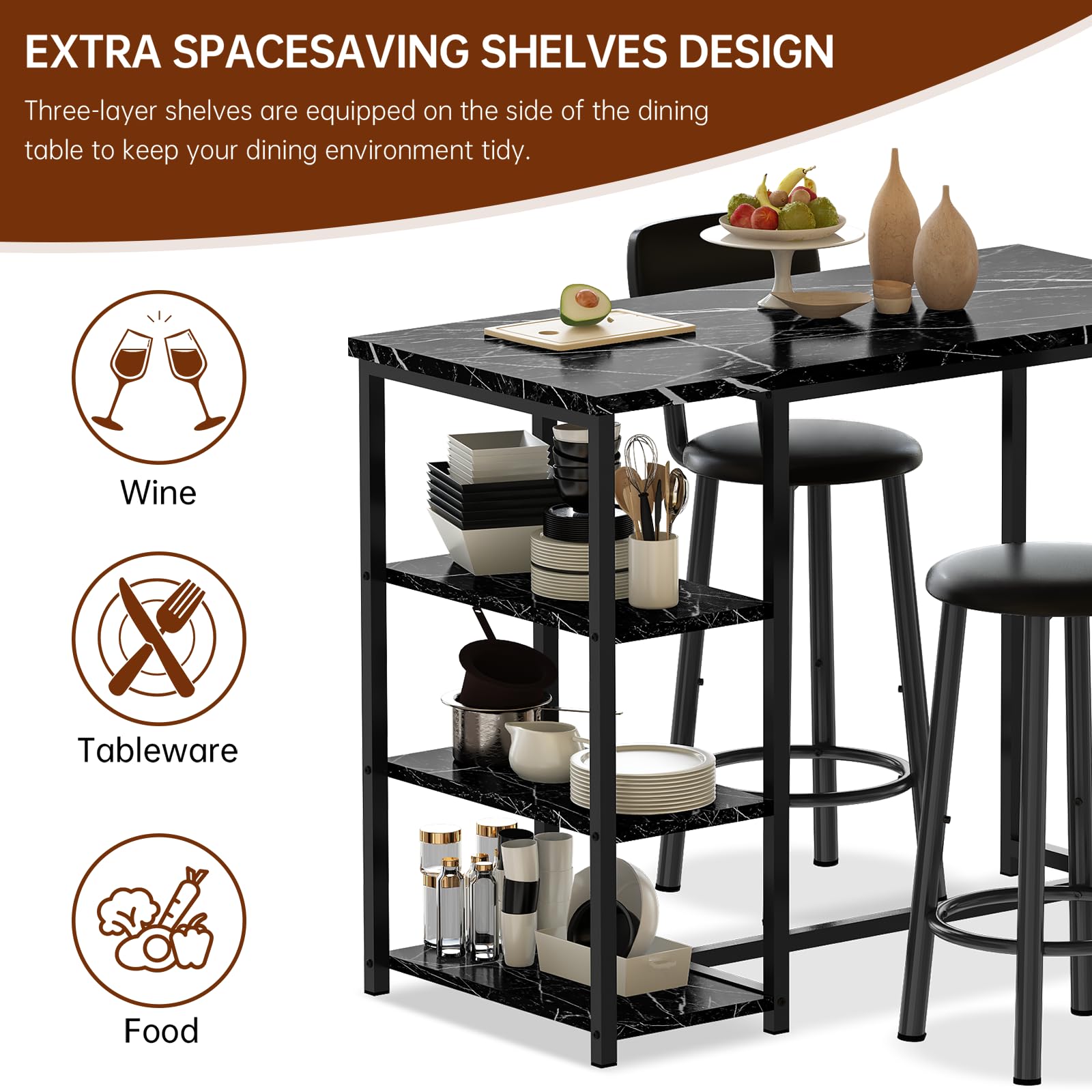 2-Piece Counter Height Pub Table Set with 2 PU Leather Bar Stools & 3 Storage Shelves - Small Space Dining Solution for Kitchen, Bar or Apartment | Perfect for Entertaining, Breakfast Nook & Compact Living Spaces