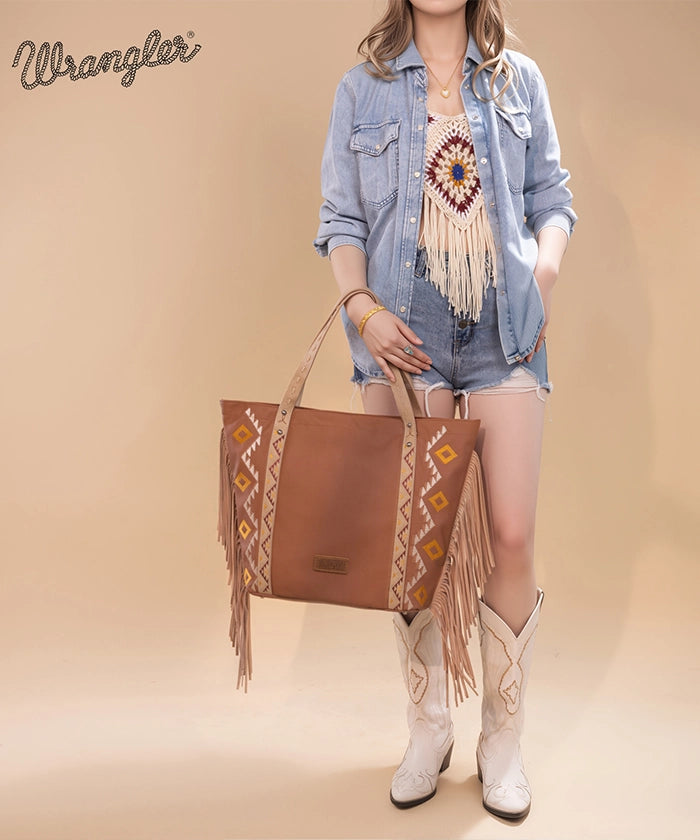 Wrangler Aztec Embroidered Fringe Wide Tote Bag for Women - Stylish Boho Shoulder Purse for Beach, Travel & Everyday Use