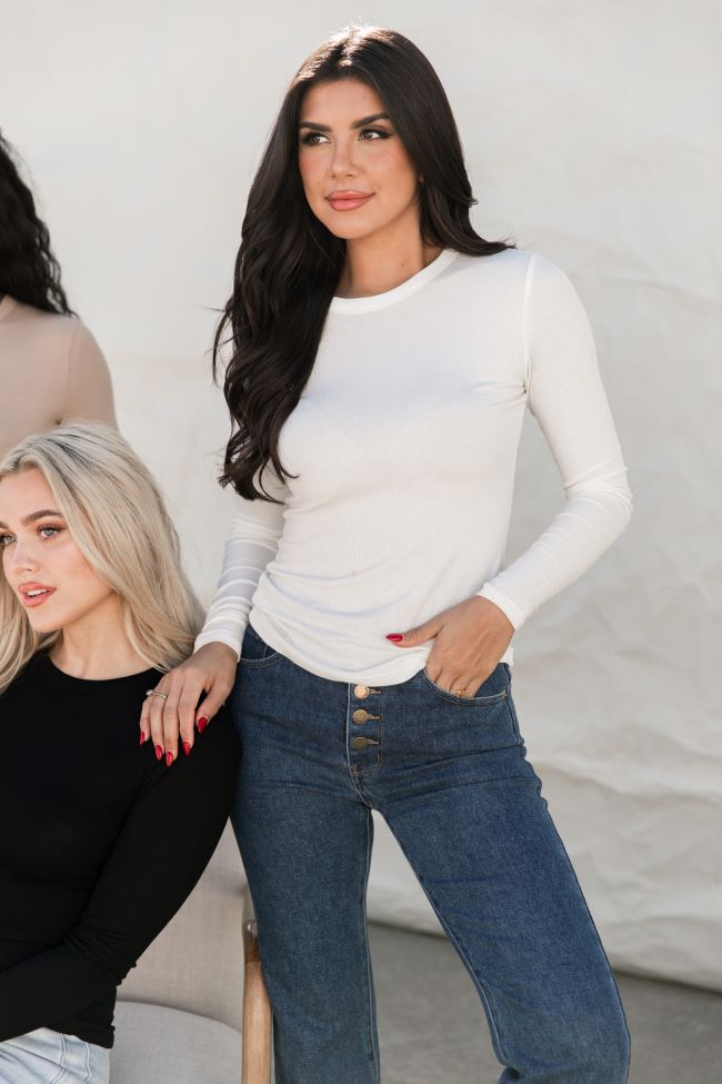 Stylish Ivory Ribbed Long Sleeve T-Shirt for Women - Soft Comfort Fit Basic Top - Perfect for Casual Wear, Layering & Everyday Outfits