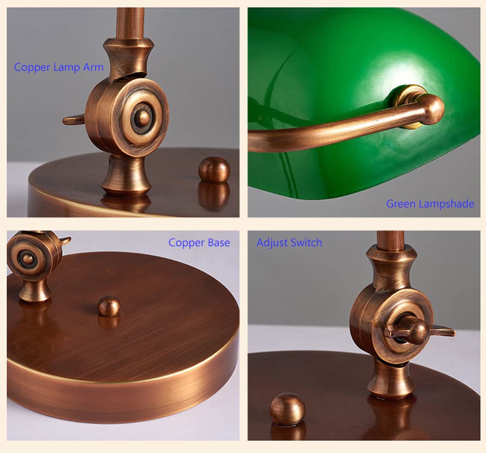 Vintage Emerald Green Glass Banker Desk Lamp with Copper Base - Adjustable 360° LED Reading Light, Pull Chain Switch, E27 Bulb Compatible - Perfect for Home Office, Study Room & Bedside Nightstand Lighting (Model-G)