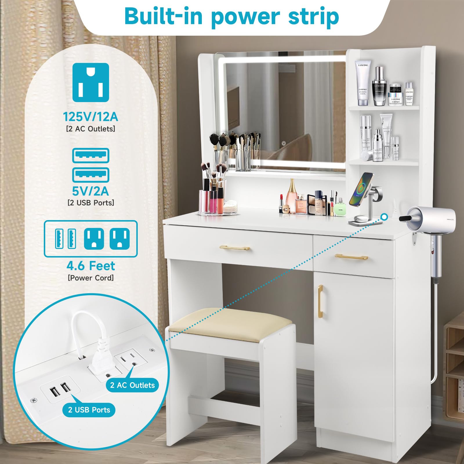 Elegant White Vanity Set with LED Lights, Mirror, Drawers & USB Charging Station - Includes Stool & Storage Organizer for Bedroom, Dressing Room or Makeup Studio