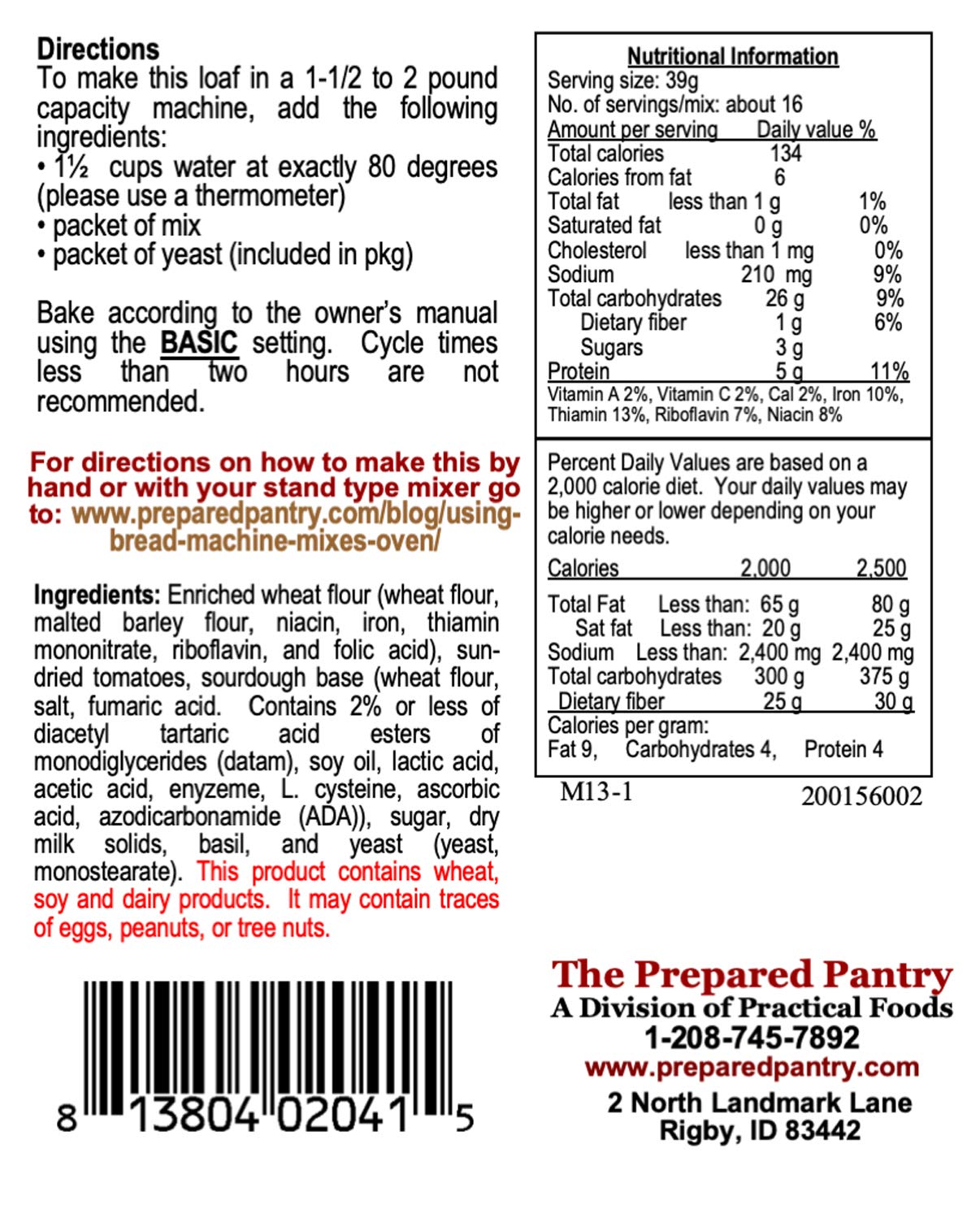 Premium Tuscany Tomato Basil Bread Mix - Single Pack for Bread Machine or Oven | Authentic Italian Flavor | Perfect for Homemade Artisan Bread, Dinner Parties & Family Gatherings