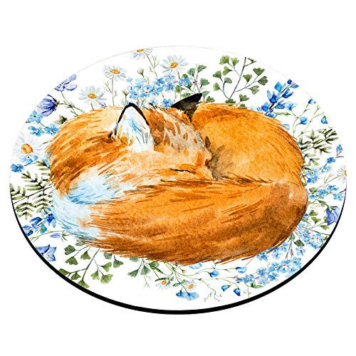 Smooffly Fox Floral Blue Flowers Round Mouse Pad - Cute Animal Design Desk Accessory for Office & Gaming Setup | Non-Slip Computer Mouse Mat for Work, Home & School Use