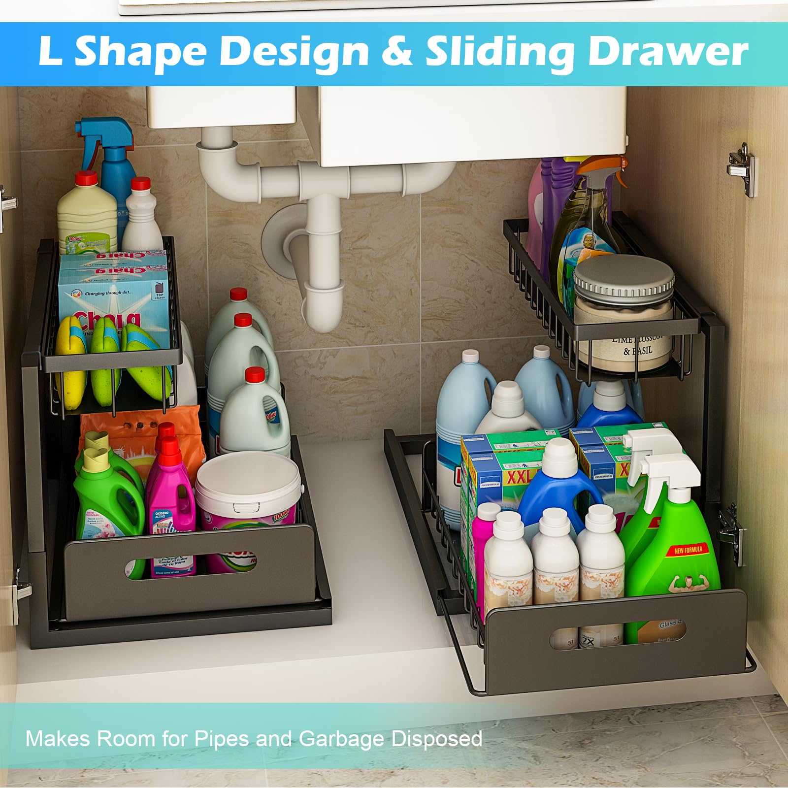 Under Sink Organizer with Sliding Drawer - 2 Tier Pull Out Cabinet Shelf for Kitchen & Bathroom Storage - Black Space Saving Solution (10.4