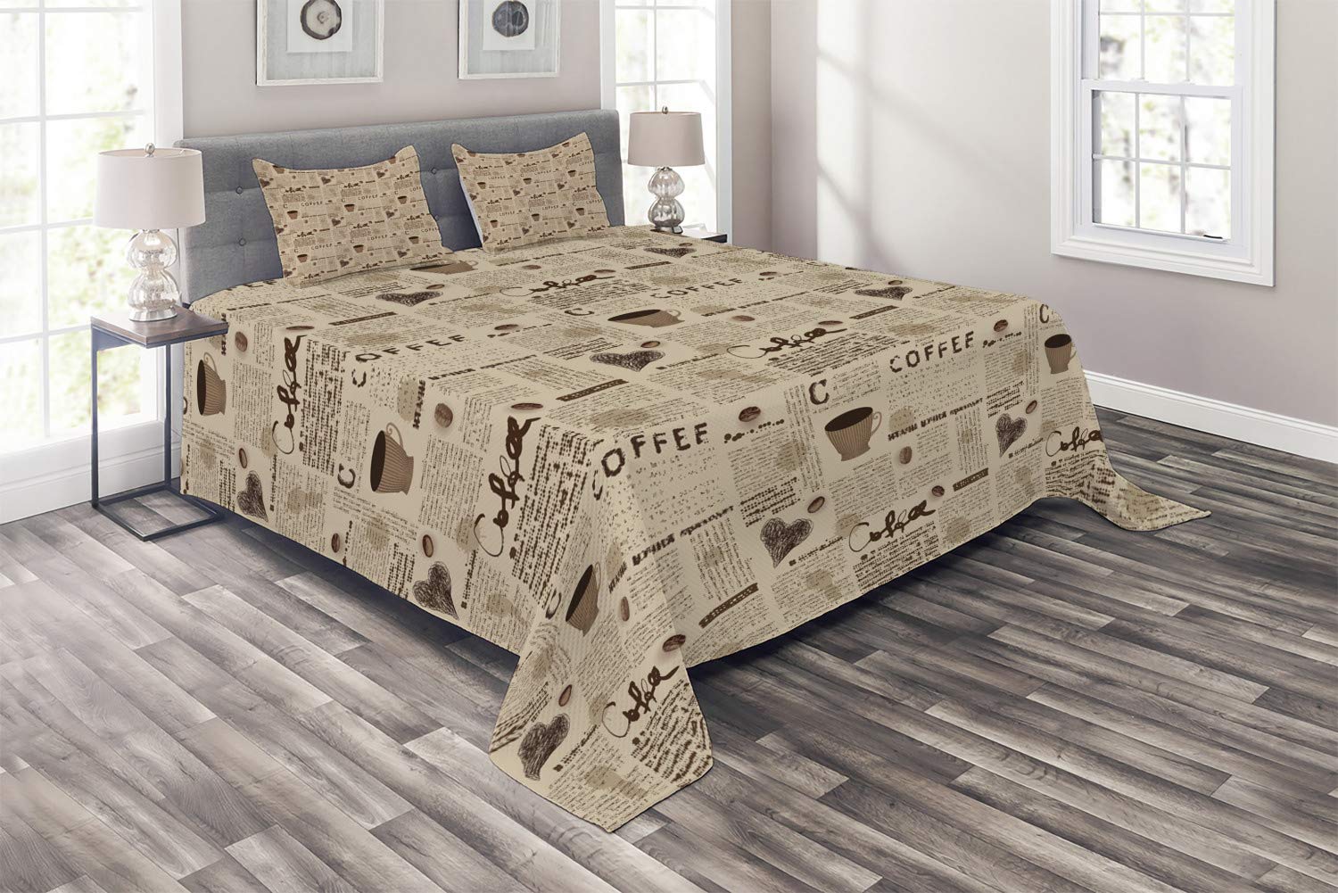 Ambesonne Modern 3-Piece Quilted Bedspread Set - King Size Sand Brown & Umber Newspaper Print with Coffee Cups Design | Vintage Writing Art Coverlet with 2 Pillow Shams | Perfect for Cozy Bedroom Decor, Guest Room Makeover & Boho Chic Home Styling