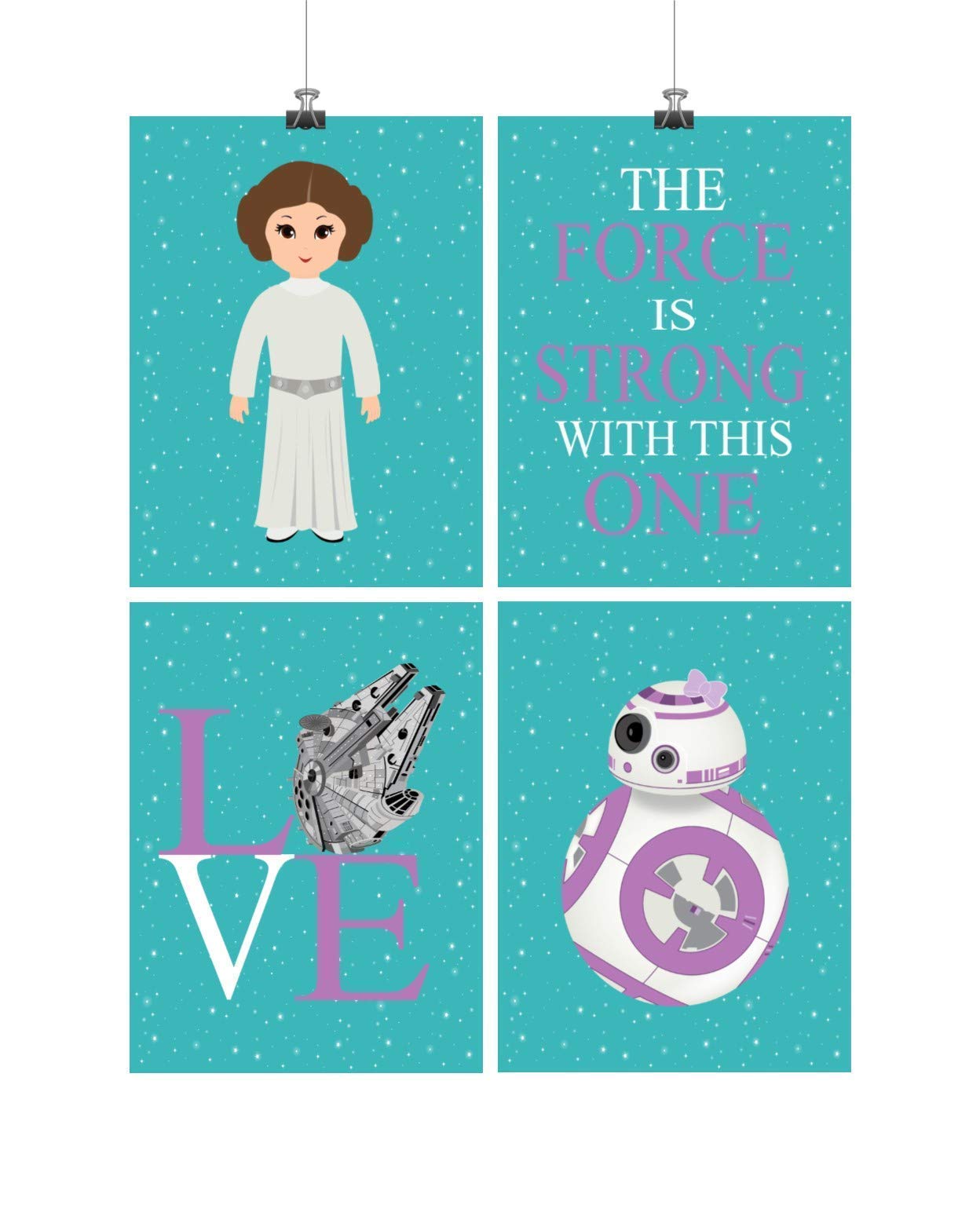 Star Wars Nursery Decor Set of 4 Art Prints - The Force, Love, BB8 & Princess Leia Wall Art - Perfect for Baby Room, Kids Bedroom & Themed Nursery Decor