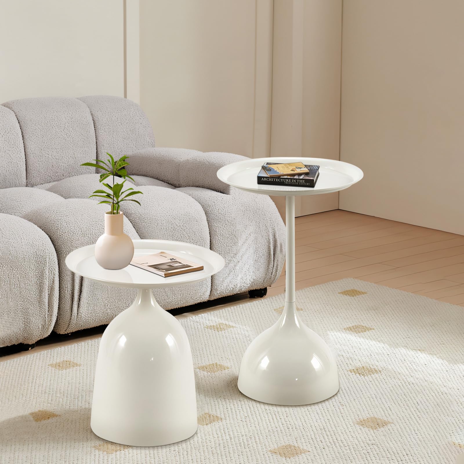 Modern Round Nesting Side Tables Set of 2 - White Metal End Tables for Living Room, Bedroom & Office - Perfect as Coffee Table, Sofa Table or Console Table for Small Spaces