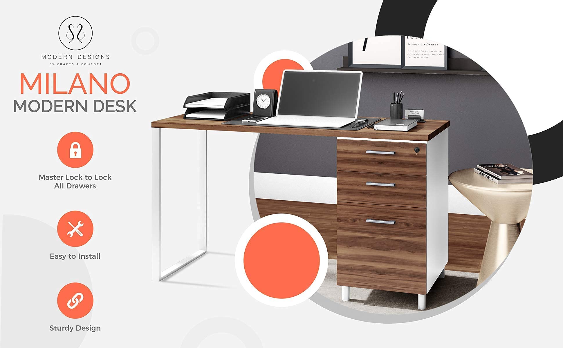 Modern Milano Office Desk with 3 Locking Drawers - 48 Inch White & Walnut Computer Desk with Filing Storage - Home Office Furniture for Small Spaces & Remote Work