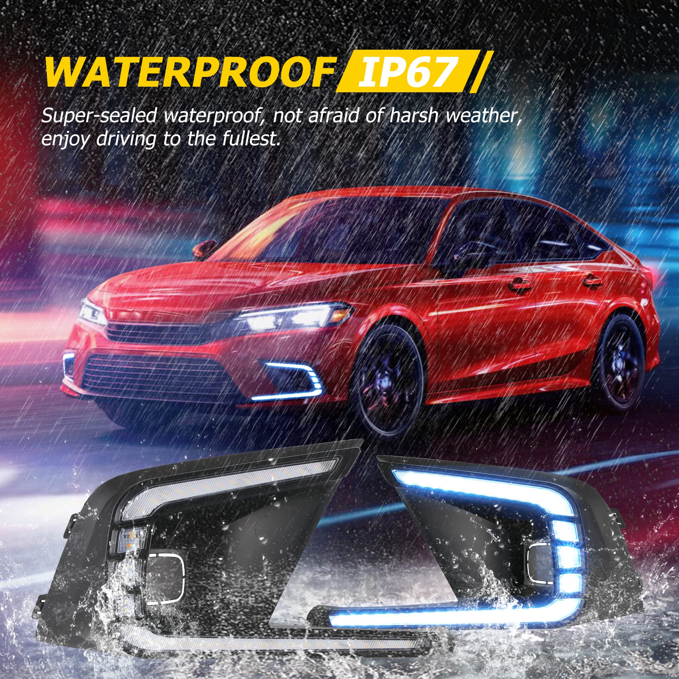 AUXMART LED Daytime Running Lights (DRL) for Honda Civic 2021-2022 - Tri-Color Fog Lights with Turn Signal Function, Bezel & Wiring Harness | Upgrade Your Civic's Style & Safety for Day/Night Driving
