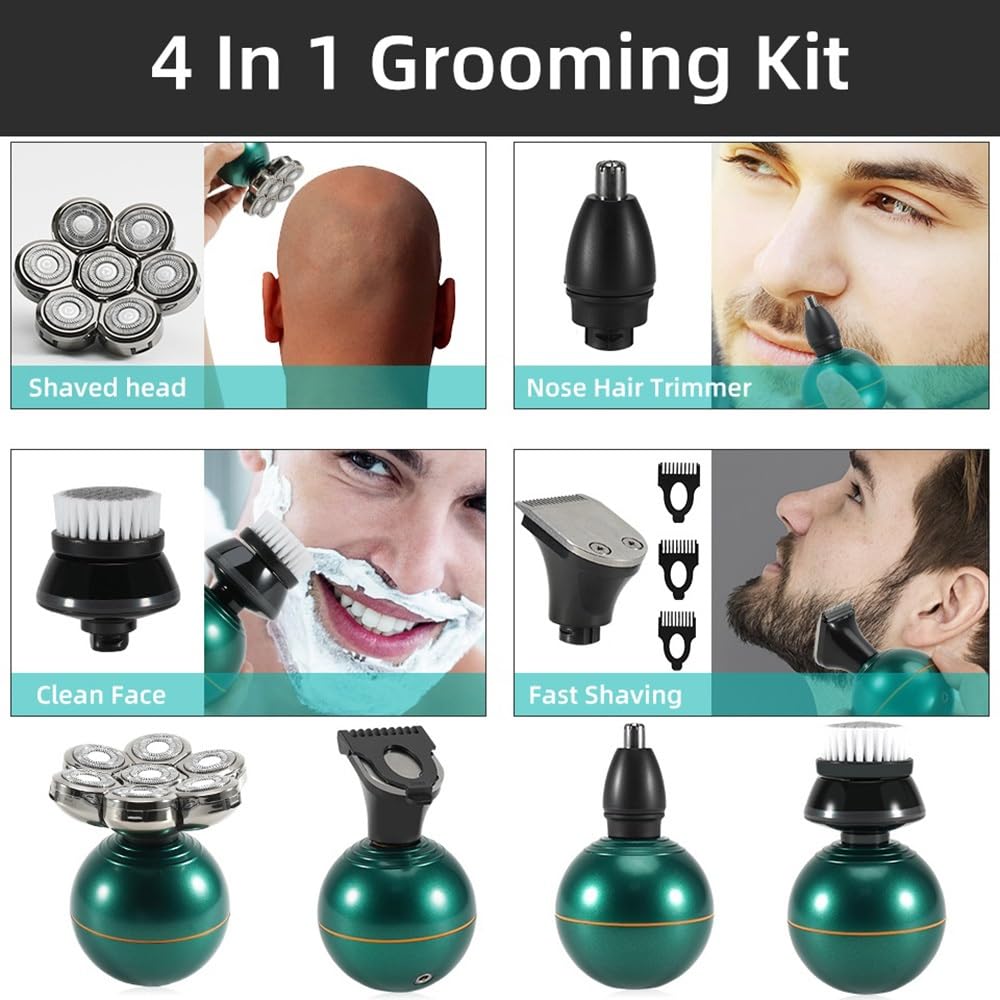 4-in-1 Electric Head Shaver for Men - Rechargeable Bald Shaving Machine with 7 Blades, Body & Beard Trimmer, Silver Grooming Kit | Perfect for Head Shaving, Facial Hair & Body Grooming at Home or Travel