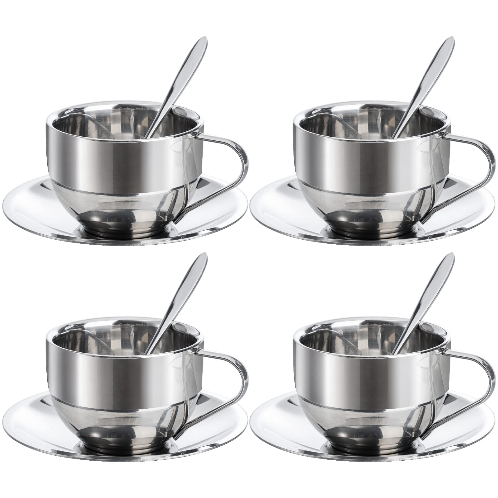 Okllen 4 Pack Stainless Steel Coffee Cup Set - 6 Oz Double Walled Espresso Mugs with Spoon & Saucer for Coffee, Latte, Tea, Milk - Perfect for Home, Office & Outdoor Use