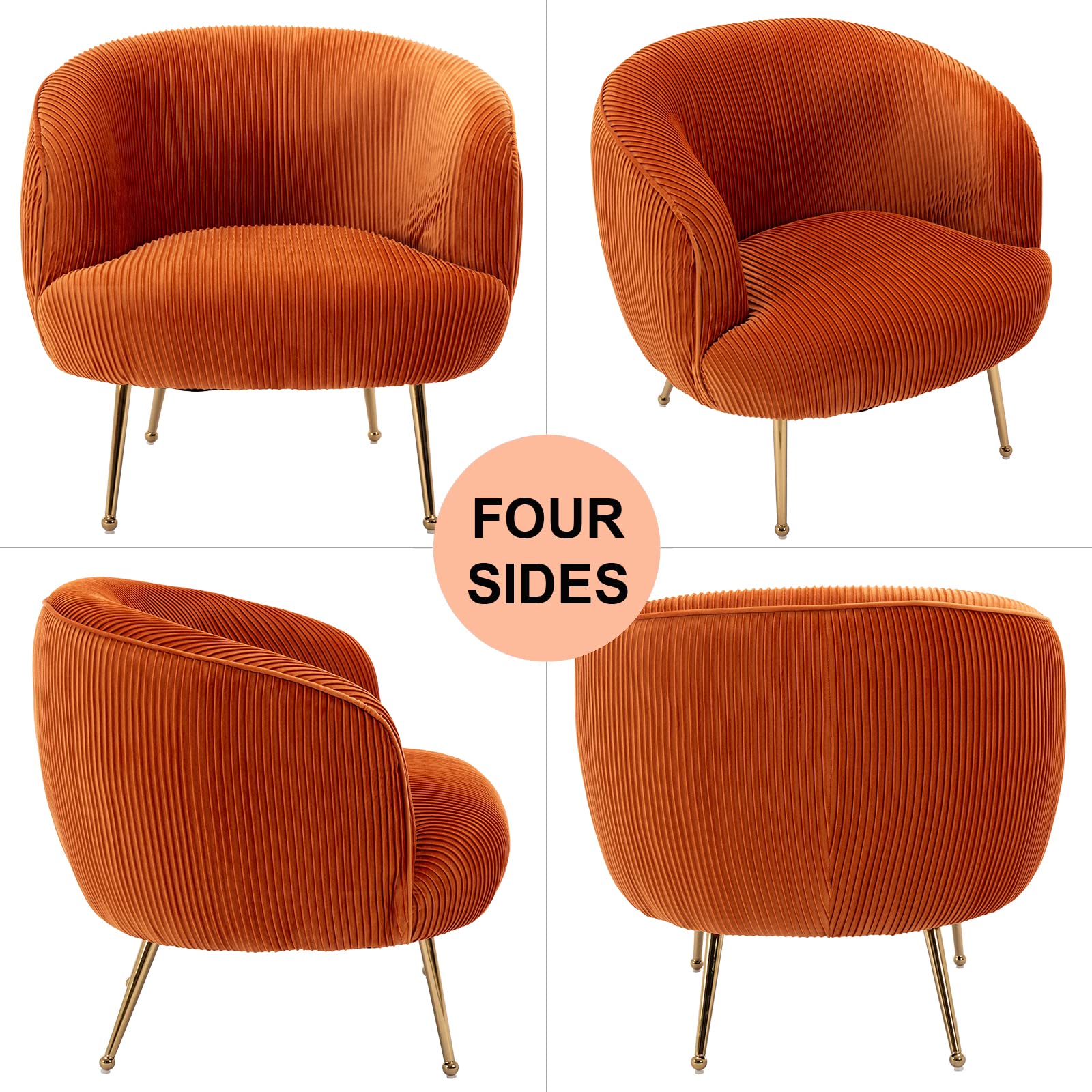 DUOMAY Modern Velvet Accent Armchair with Golden Legs - Barrel Upholstered Lounge Chair, Comfortable Single Sofa for Living Room, Bedroom & Office - Perfect for Relaxing, Reading & Decor (Orange)