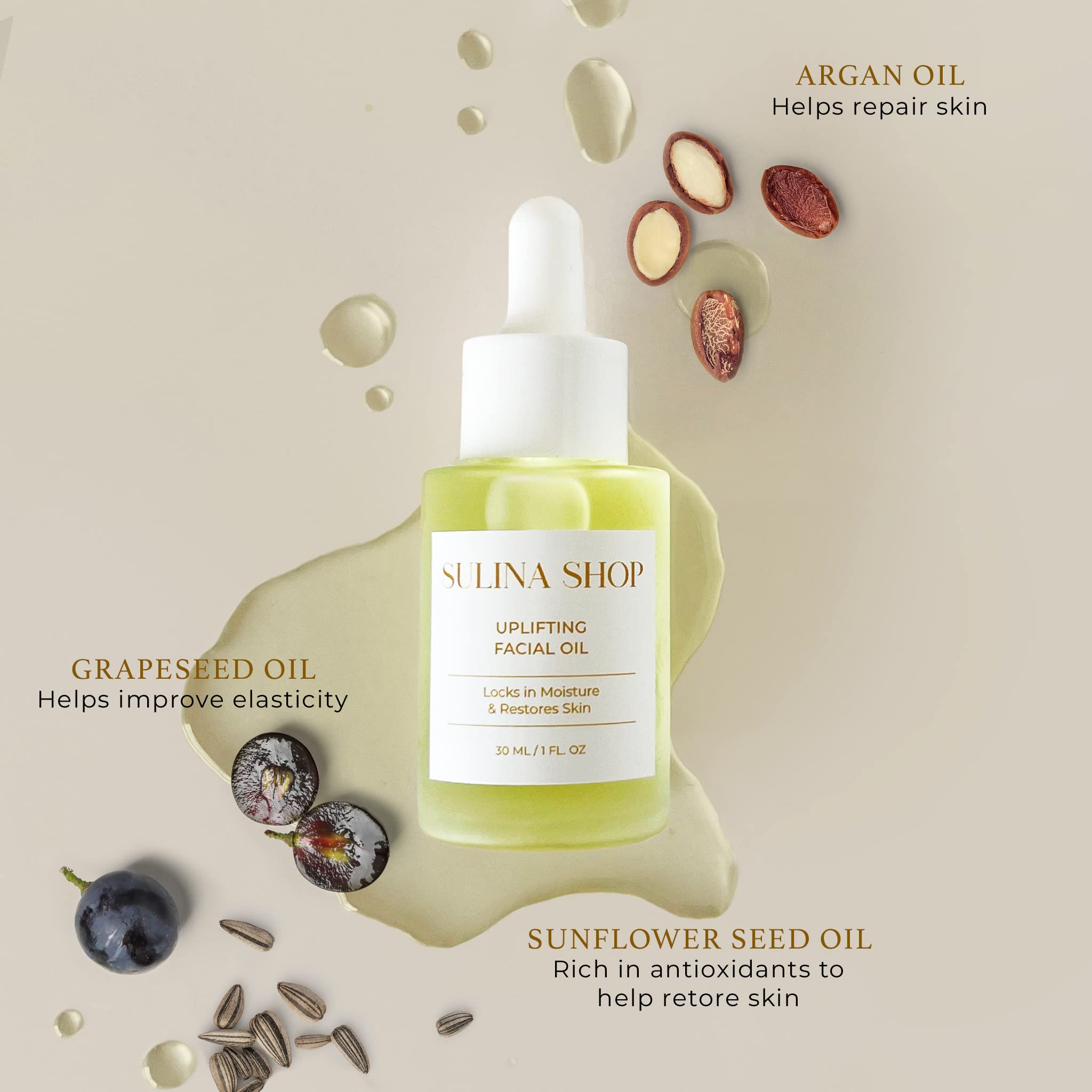 Nourishing Facial Oil with Argan, Grapeseed & Sunflower Seed Oils - Hydrating & Softening Skin Treatment for Dry & Dull Skin | Perfect for Night Routine & Daily Moisturizing