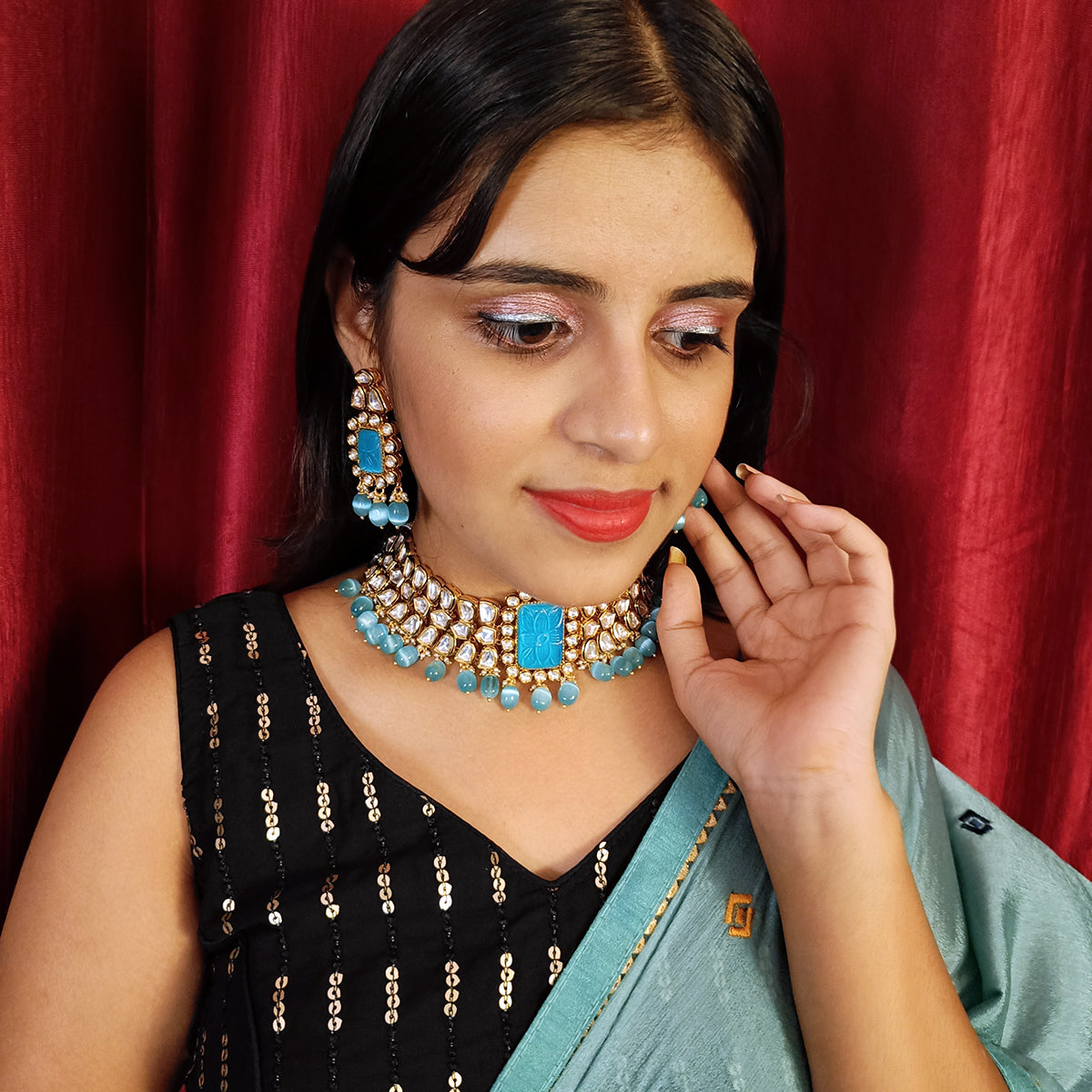 Elegant Gold Plated Royal Kundan & Blue Beads Choker Necklace Set with Matching Earrings (D381) - Perfect for Weddings, Parties & Special Occasions