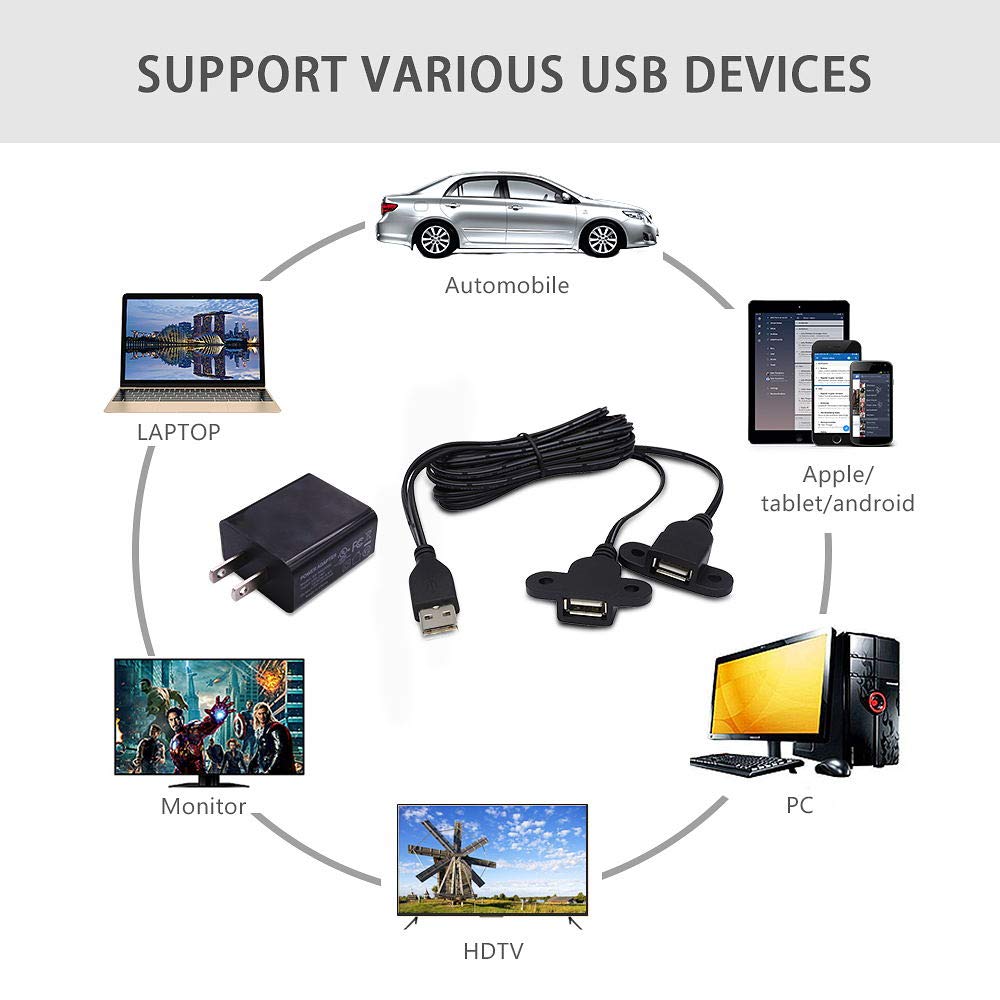 QiCheng&LYS 5ft USB 2.0 Male to Dual Female Extension Charger Cable - 2 Pack with Adapter for Nightstand, Sofa & Car Charging Port - Panel Mount with Screw Holes for Home, Office & Vehicle Use