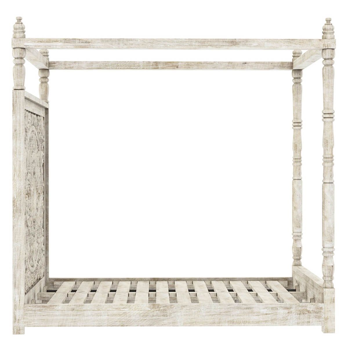 Hand Carved Solid Wood Canopy Platform Bed with Headboard - Queen Size Bed Frame for Master Bedroom, Rustic Wooden Bed for Farmhouse & Bohemian Style Bedrooms