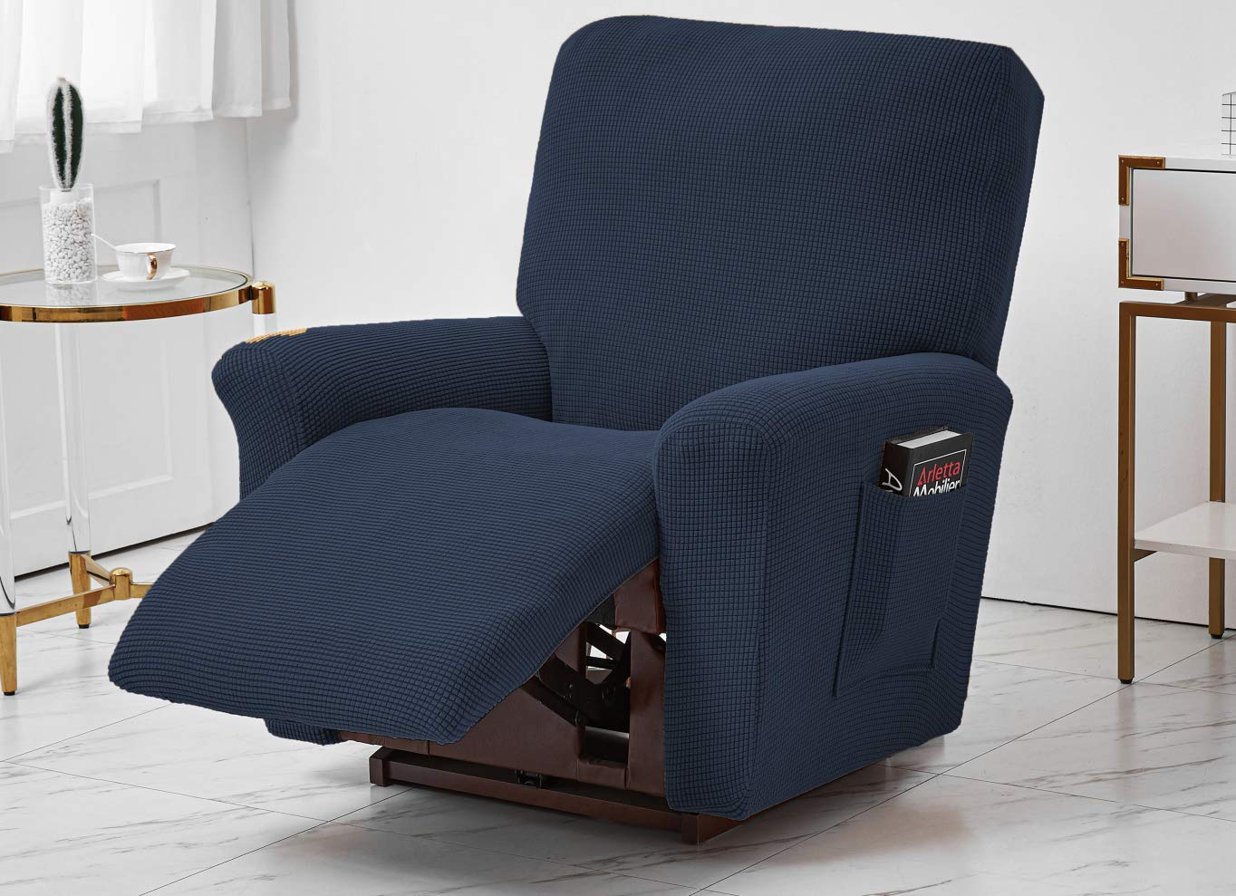 Stretch Recliner Slipcover Sofa Cover with Pockets - Spandex Jacquard Non-Slip Couch Protector - Navy Blue - Perfect for Living Room, Home Theater & Family Room Furniture Protection