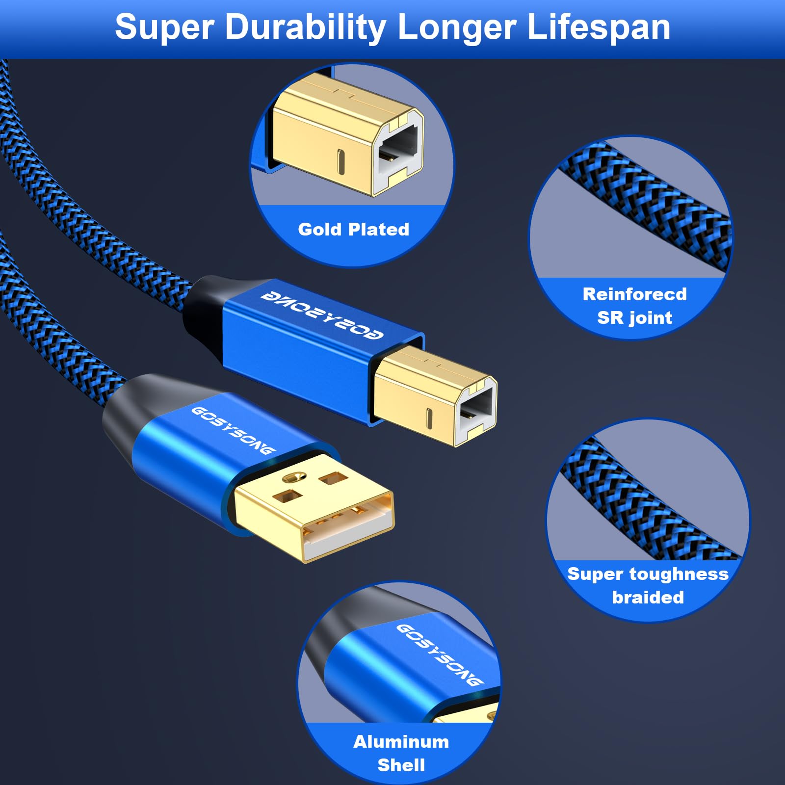 30ft USB 2.0 Printer Cable - High Speed A to B Cord for HP, Canon, Dell, Epson, Xerox Printers - Durable Blue Cable for Home & Office Printing Needs