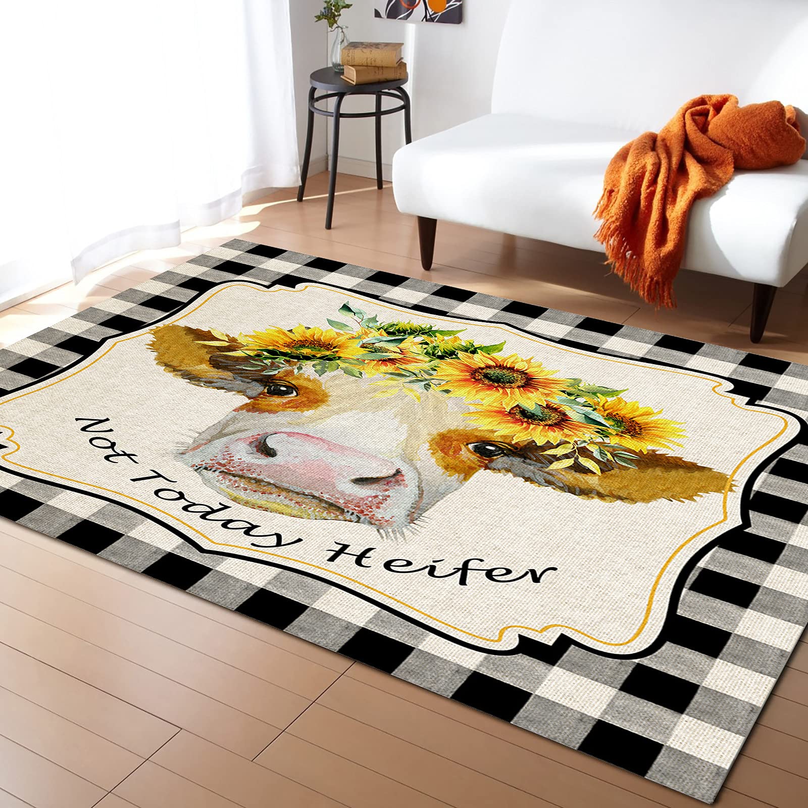 Non-Slip Farmhouse Cow Sunflowers Black and White Plaid Area Rug – 4' x 6' Contemporary Indoor Rubber Backed Carpet, Fade-Proof & Washable for Living Room, Bedroom, Dorm Decor | Perfect for Boho, Rustic, or Modern Home Style