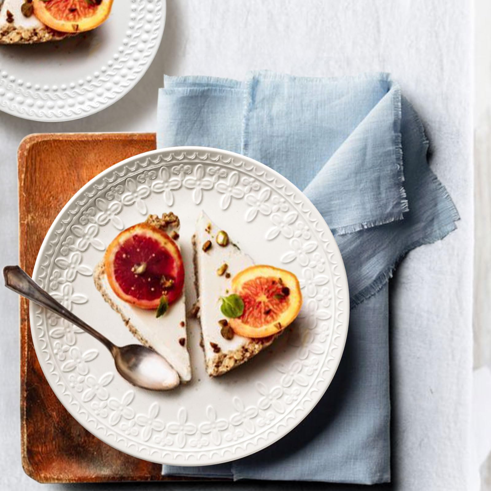 Premium 10.75 Inch Large White Ceramic Dinner Plates Set of 4 - Embossed Floral Design, Microwave & Dishwasher Safe Plates for Everyday Dining, Parties & Restaurant Use