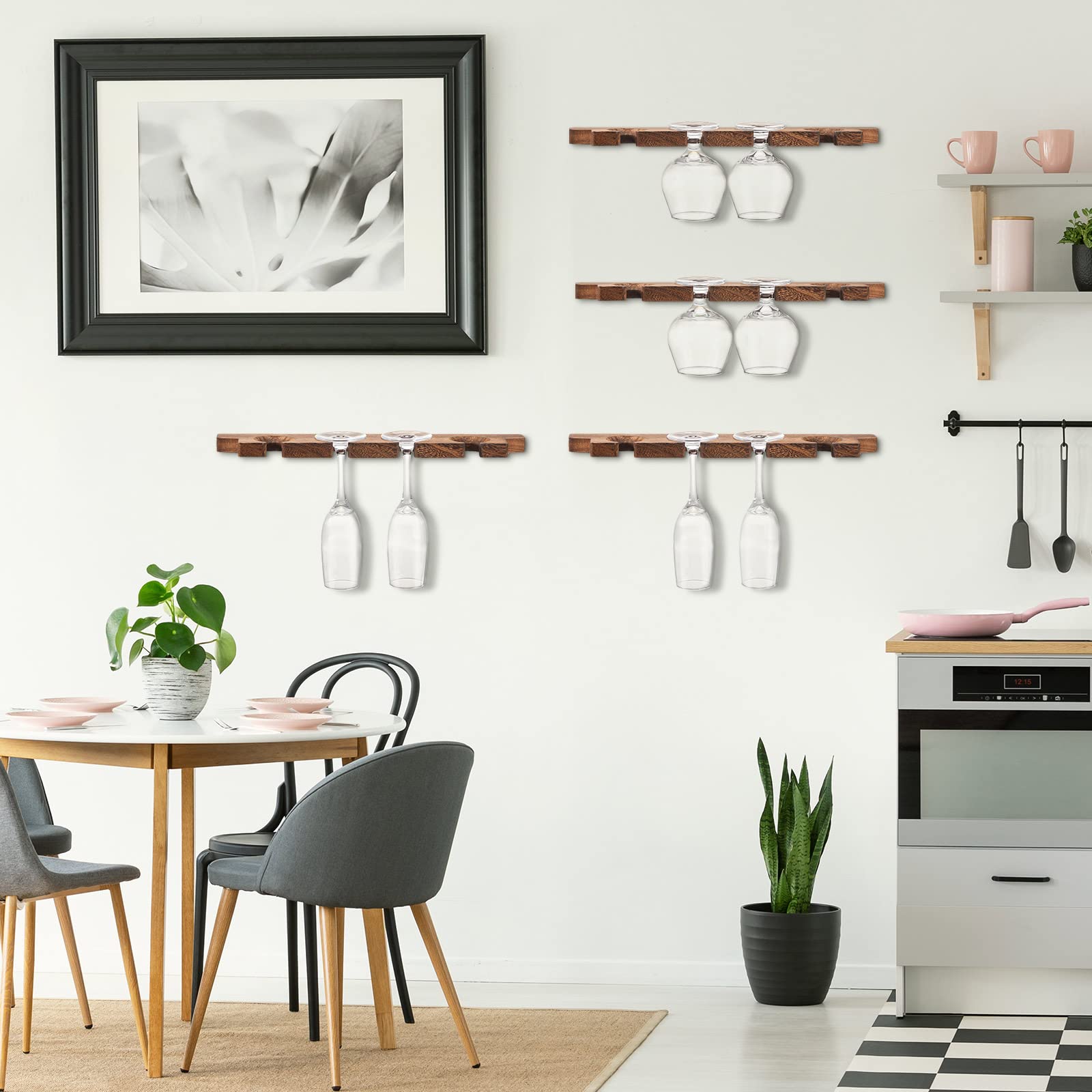 Rustic Wooden Wall Mounted Wine Glass Holder - Stemware Rack & Champagne Glass Organizer for Kitchen, Bar - Floating Shelf for Glassware Storage (8 Pcs, 17 x 3 x 0.8 Inch) - Perfect for Home Decor, Entertaining Guests & Halloween Party Setup
