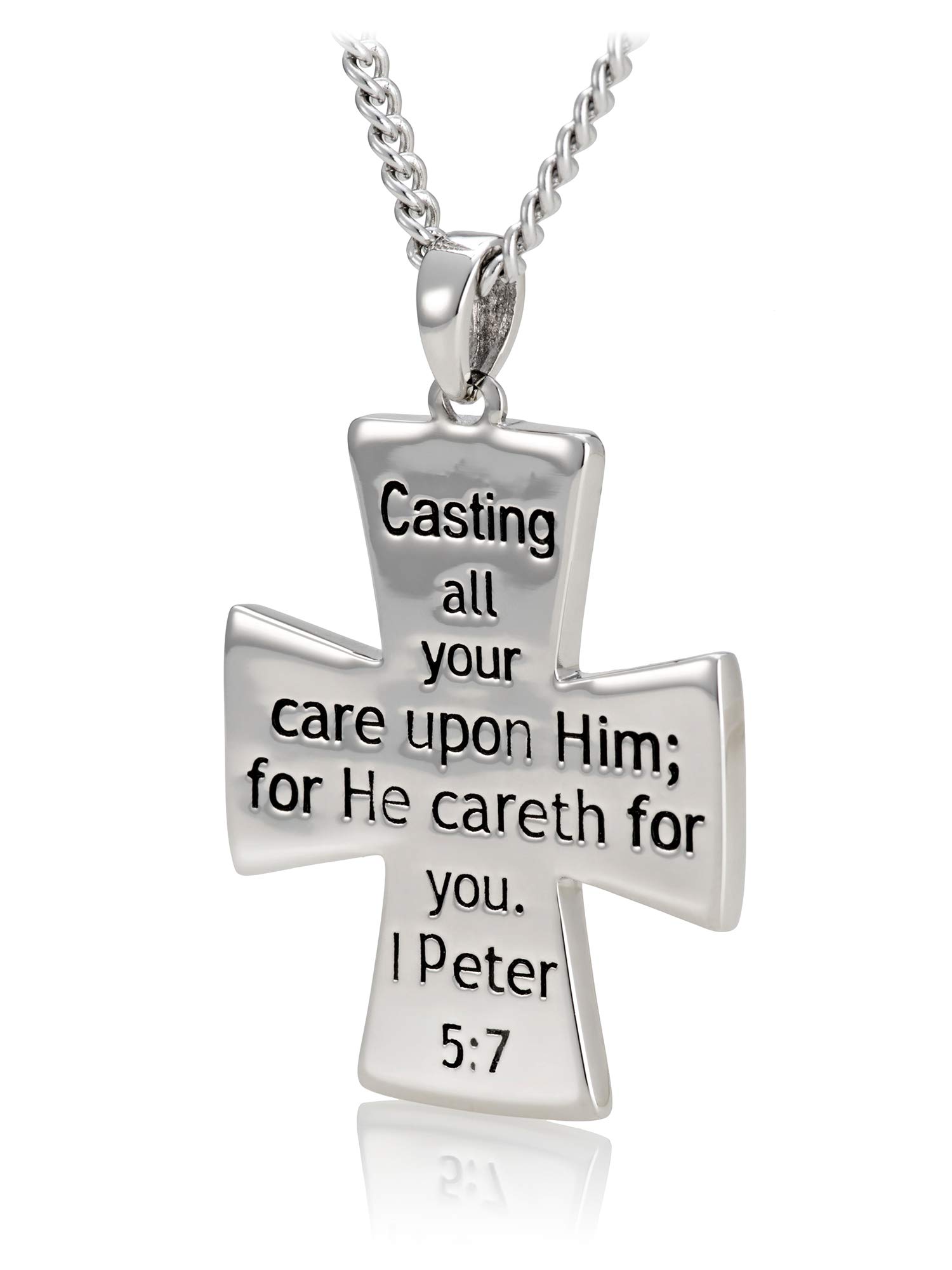 Women's Stainless Steel Peter Cross Necklace with Crystals - I Peter 5:7 Bible Verse Jewelry for Church, Gift & Daily Wear
