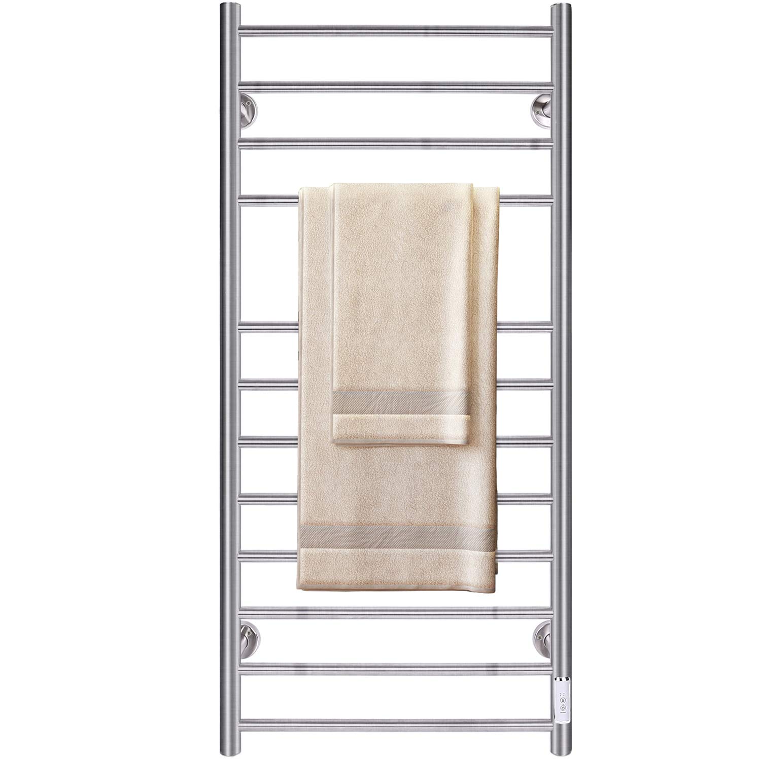 JSLOVE Wall Mounted Heated Towel Rack - Stainless Steel Electric Towel Warmer with Built-in Timer, Plug-in or Hardwired Installation, Brushed Polish (12 Bars, Silver) - Perfect for Bathroom, Spa, Gym & Luxury Home Use