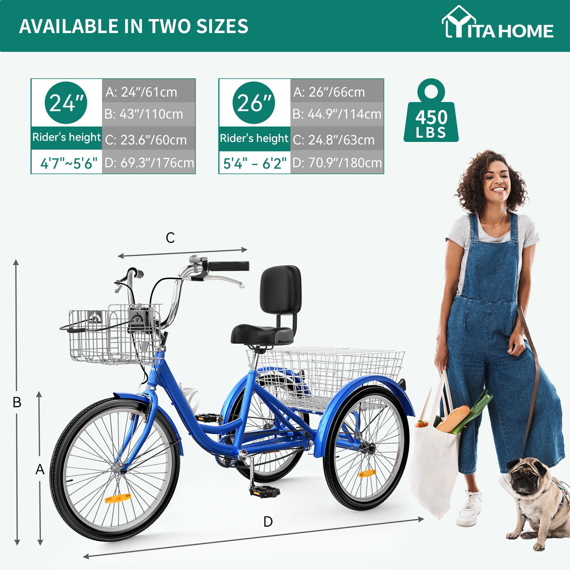 **YITAHOME Adult Tricycle - 24 & 26 Inch 3 Wheel Bikes, 1 Speed Trike for Seniors, Women & Men - Removable Baskets - Perfect for Shopping, Picnics & Outdoor Sports**