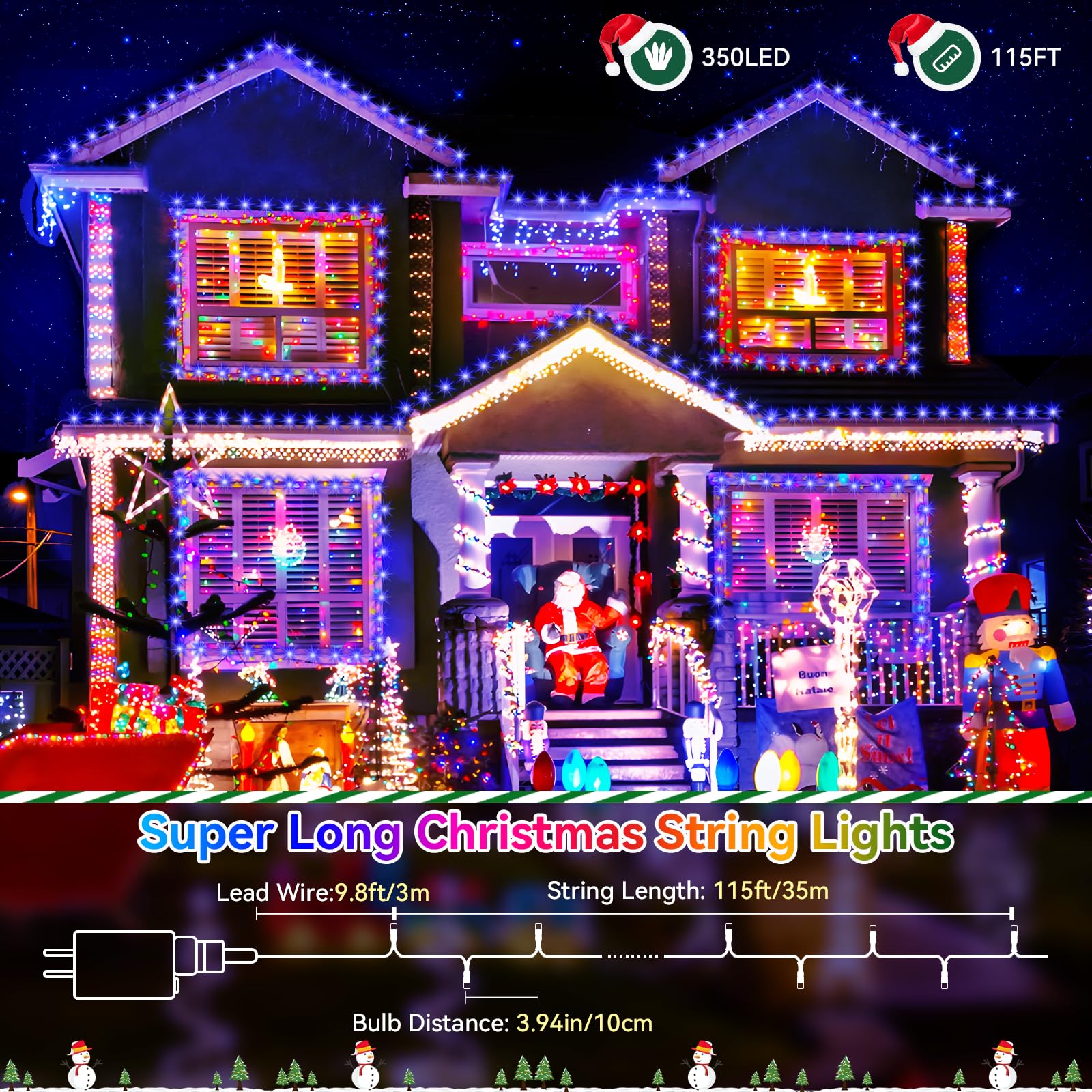 Heceltt 115FT 350LED Christmas Lights Outdoor Waterproof - 8 Lighting Modes with Timer Memory Function - Plug in Holiday String Lights for Xmas Tree, Wedding, Party, Garden, and Home Decoration