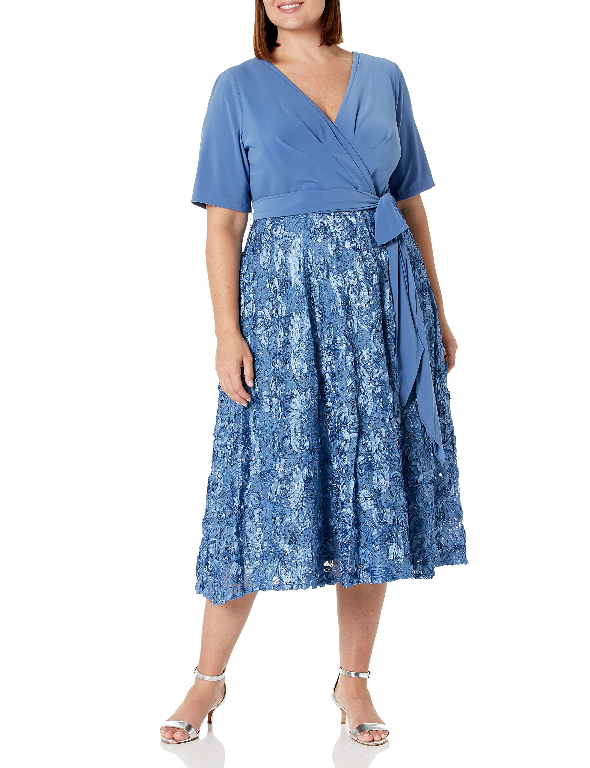 Alex Evenings Women's Plus Size Floral Rosette Tea Length Party Dress for Weddings, Cocktail Events & Special Occasions