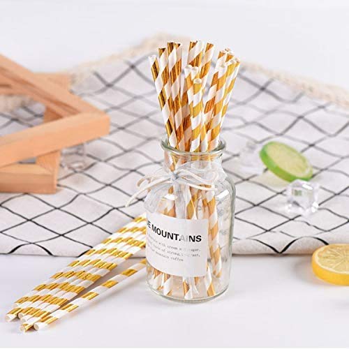 Eco-Friendly Gold Striped Paper Straws - 100% Biodegradable Drinking Straws for Cocktails, Juice & Smoothies | Perfect for Parties, Weddings & Home Decor (Pack of 100)
