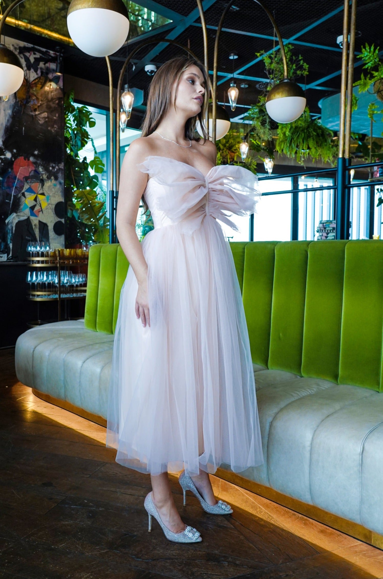 Elegant Butterfly Nude Tulle Midi Dress for Women - Perfect for Weddings, Parties & Special Occasions