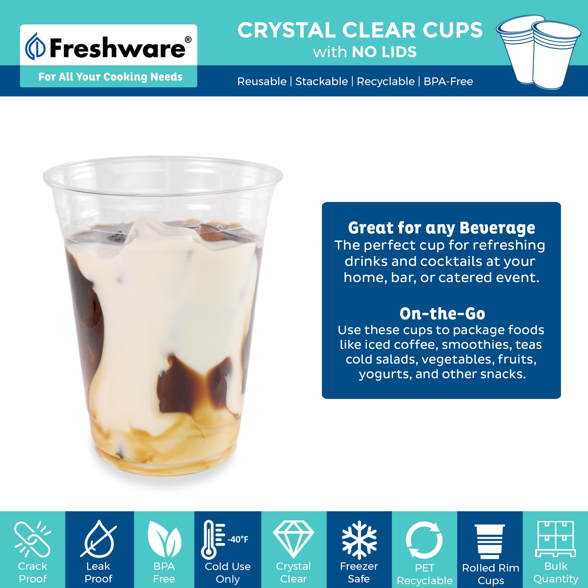 Freshware 16 oz Plastic Cups [1000-Pack] - Crystal Clear Disposable PET Cups for Cold Drinks, Soda, Parties & Events | Ideal for Home, Office, Restaurants & Outdoor Gatherings