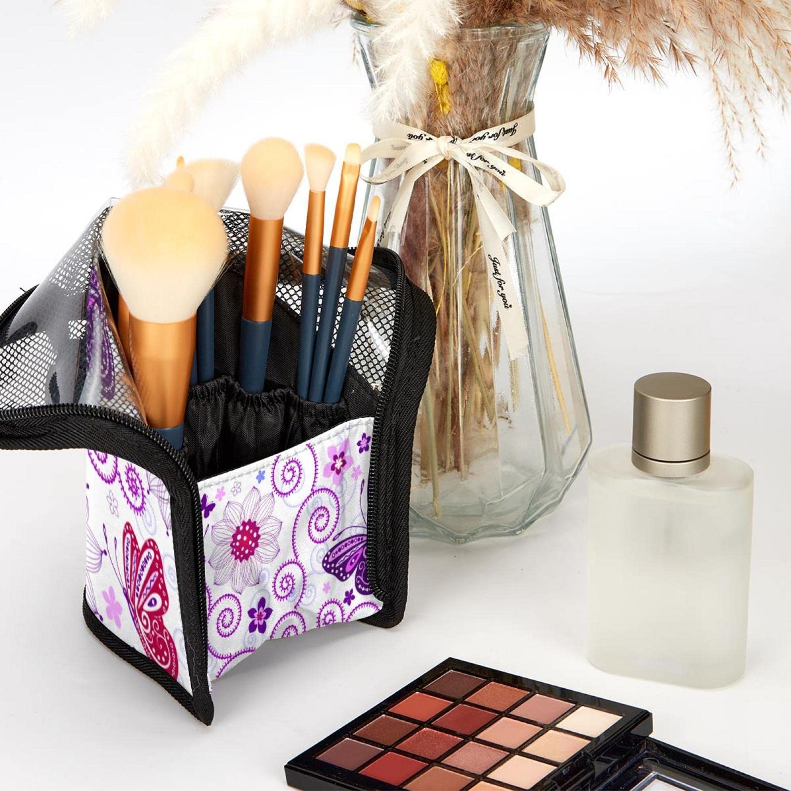 **12-Piece Makeup Brush Organizer Bag with Purple Flower Butterfly Design - Portable Travel Cosmetic Brush Holder Case for Professional & Home Use**