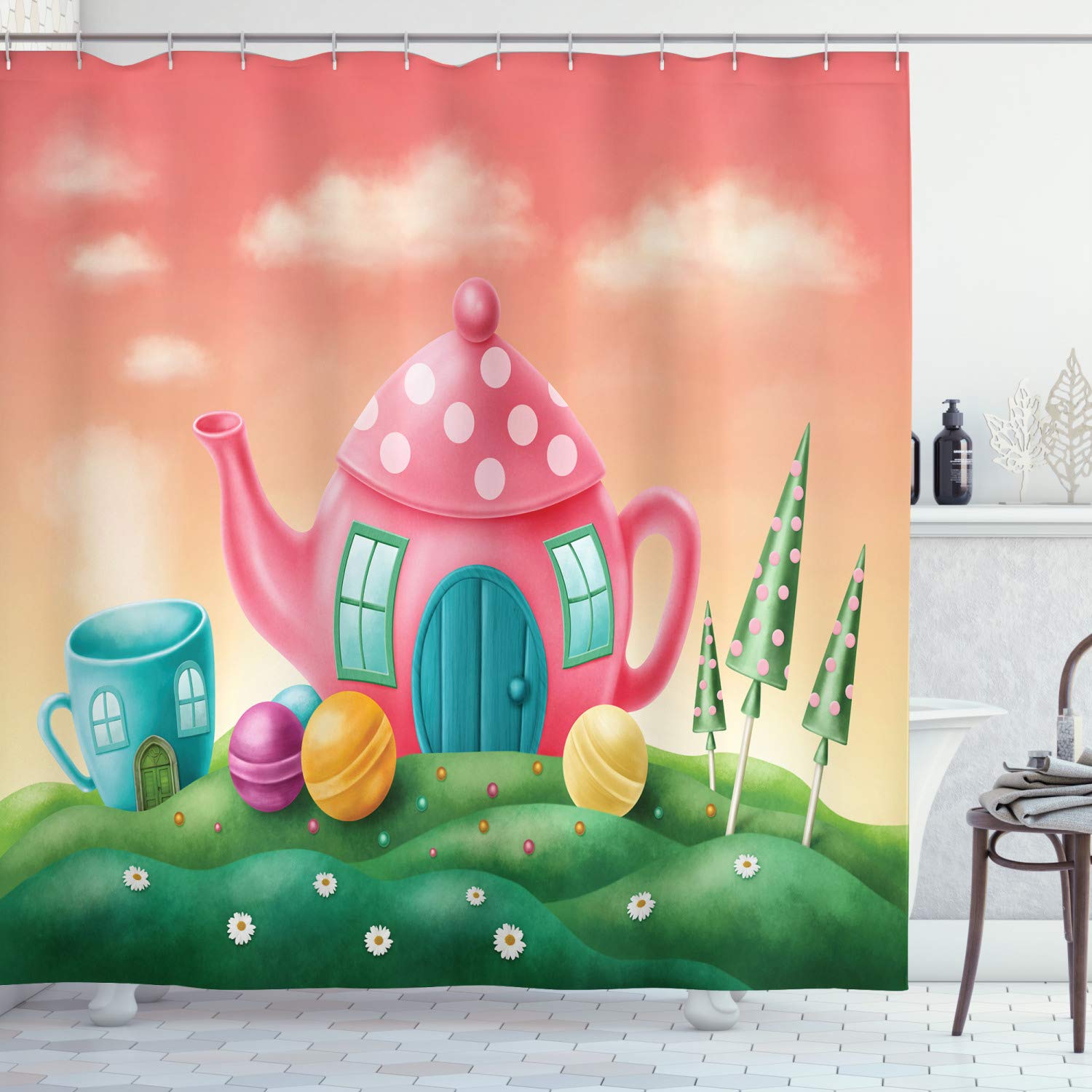 Ambesonne Fantasy Shower Curtain - Polka Dot Teapot & Coffee Cup Design with Lollipops, 69x70 Inch Waterproof Fabric Bathroom Decor Set with Hooks, Fern Green & Coral - Perfect for Kids' Bathroom, Whimsical Home Decor, Unique Gift Idea