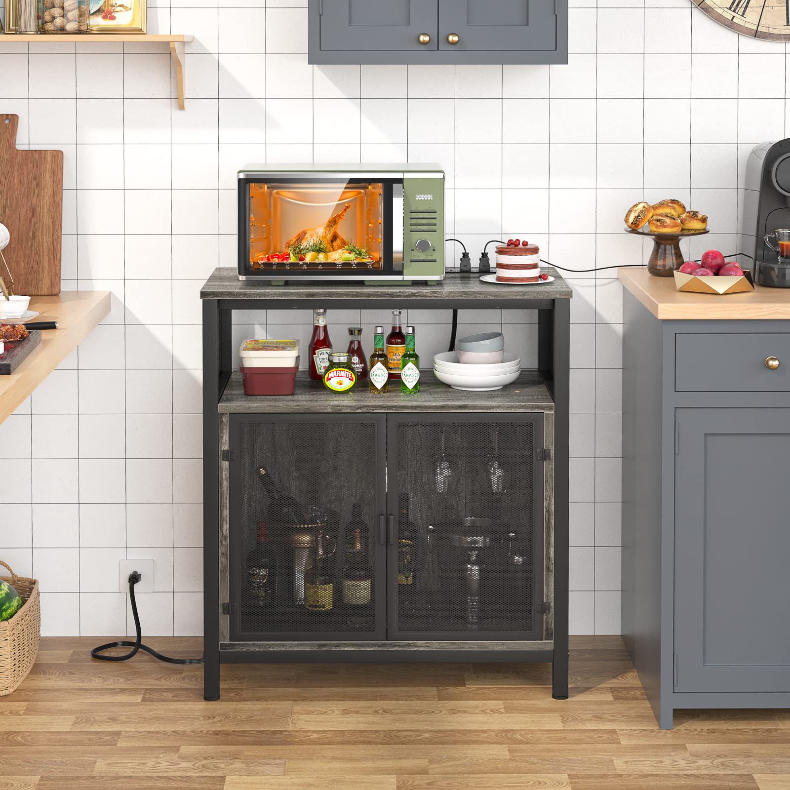 Unikito Modern Wine Bar Cabinet with RGB LED Lighting & Built-in Outlet - Freestanding Wine Rack Table with Glass Holder - Black Oak Floor Bar Cabinet for Home, Kitchen & Dining Room - Perfect for Entertaining Guests & Storing Liquor Bottles
