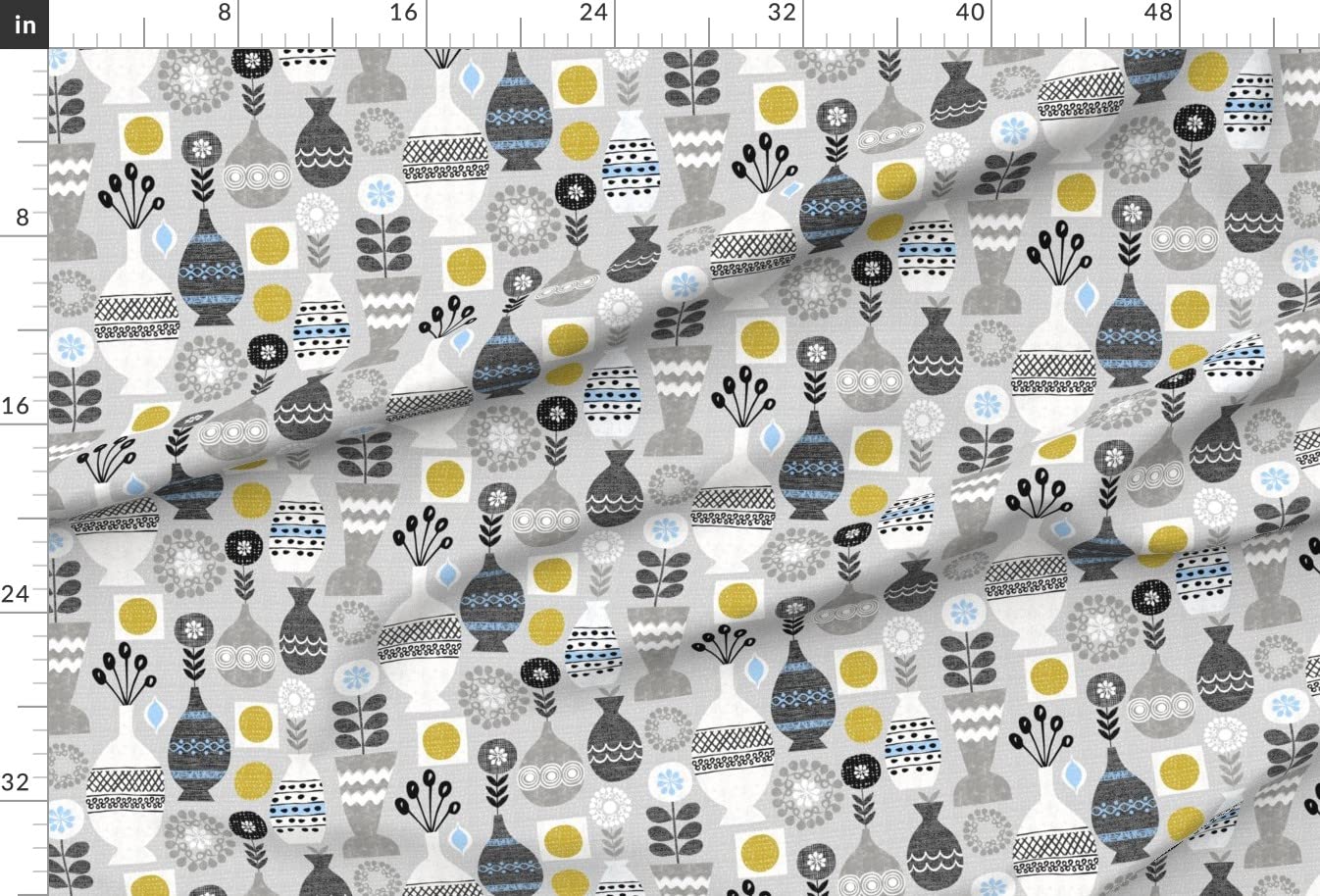 Retro Scandinavian Vases Floral Print Velvet Fabric by The Yard - Scandi Vintage 1950s Gray Floral Mid-Century Upholstery & Apparel Fabric for Home Decor, Dresses, and DIY Projects