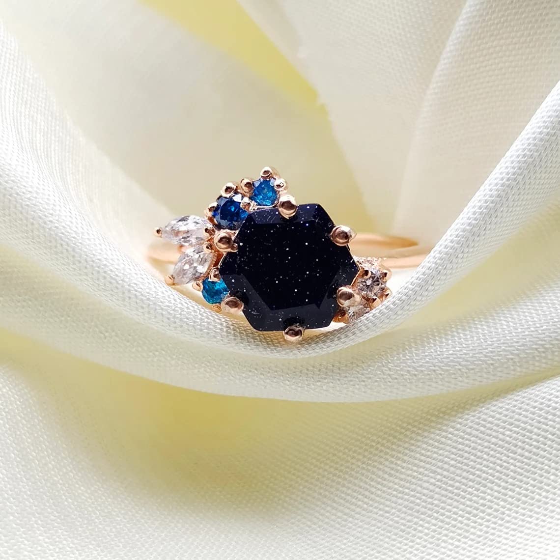 Hexagon Cut Blue Sandstone Ring for Women - Rose Gold & Silver Cluster Topaz Promise Ring - Elegant Wedding & Anniversary Gift by Forever Gems & Jewels | Perfect for Engagements, Date Nights & Special Occasions