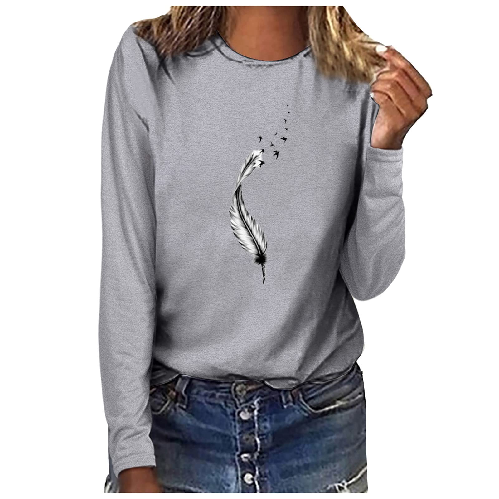 Wirziis Women's Plus Size Feather Print Crewneck Sweatshirt - Long Sleeve Casual Loose Blouse Top for Work, Weekend & Layering | Trendy Comfortable T-Shirt