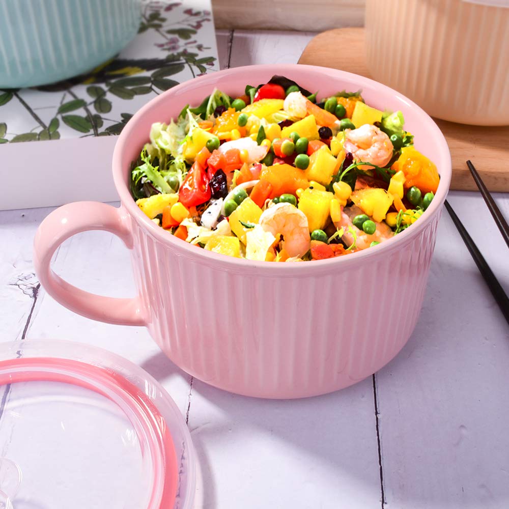 Microwavable Ceramic Soup Bowl with Lid - 30.4oz for Oatmeal & Noodles - Pink Modern Style - Perfect for Office Lunch & Quick Meals