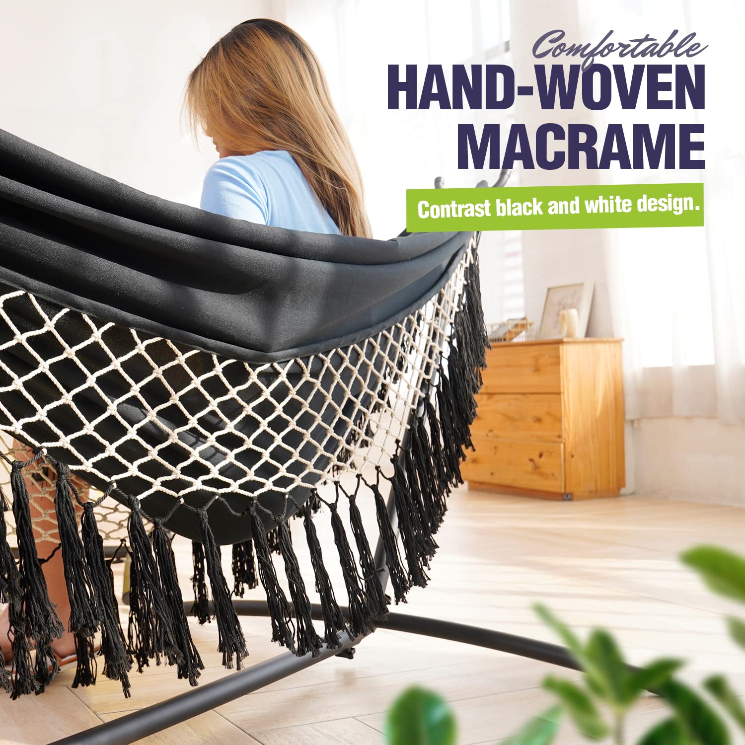 Zupapa 2-Person Heavy Duty Portable Hammock with Stand - Adjustable Steel Frame for Camping, Backyard & Outdoor Relaxation - Includes Carrying Bag (550 lbs Capacity, Black) - Perfect for Beach, Patio and Backyard Lounging